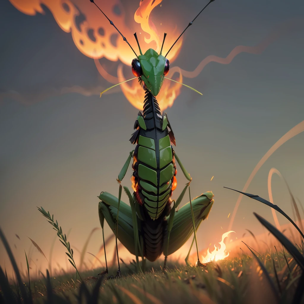 green giant mantis on burnt grass, fire in the background, dark sky --auto --s2