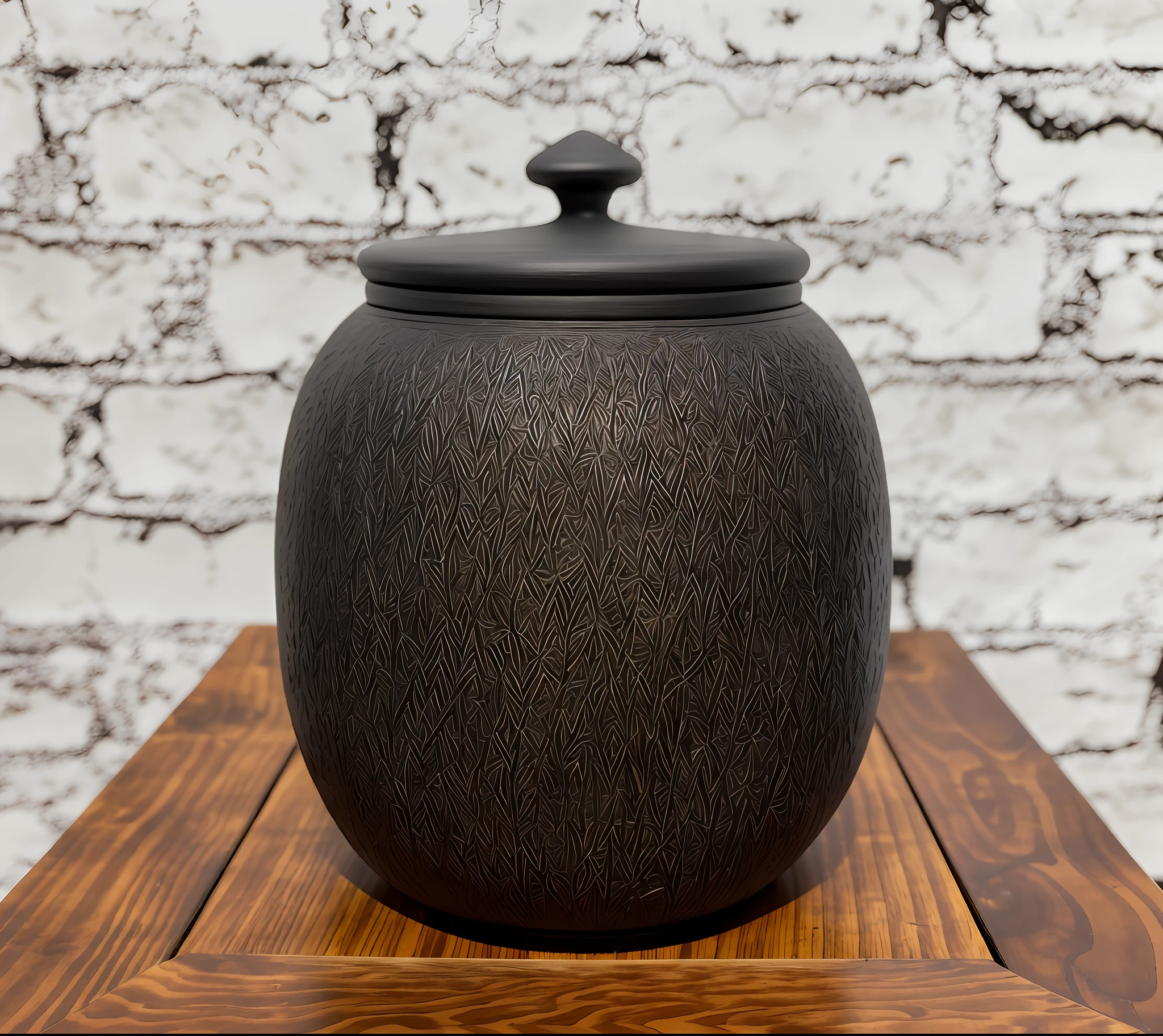 A black glazed jar, the appearance of the jar is fine sand texture, simple freehand ivory carving, Japanese style, real and delicate texture (((masterpiece)), clear wood grain background, indoor photography lighting, product super high quality, high resolution, 8k