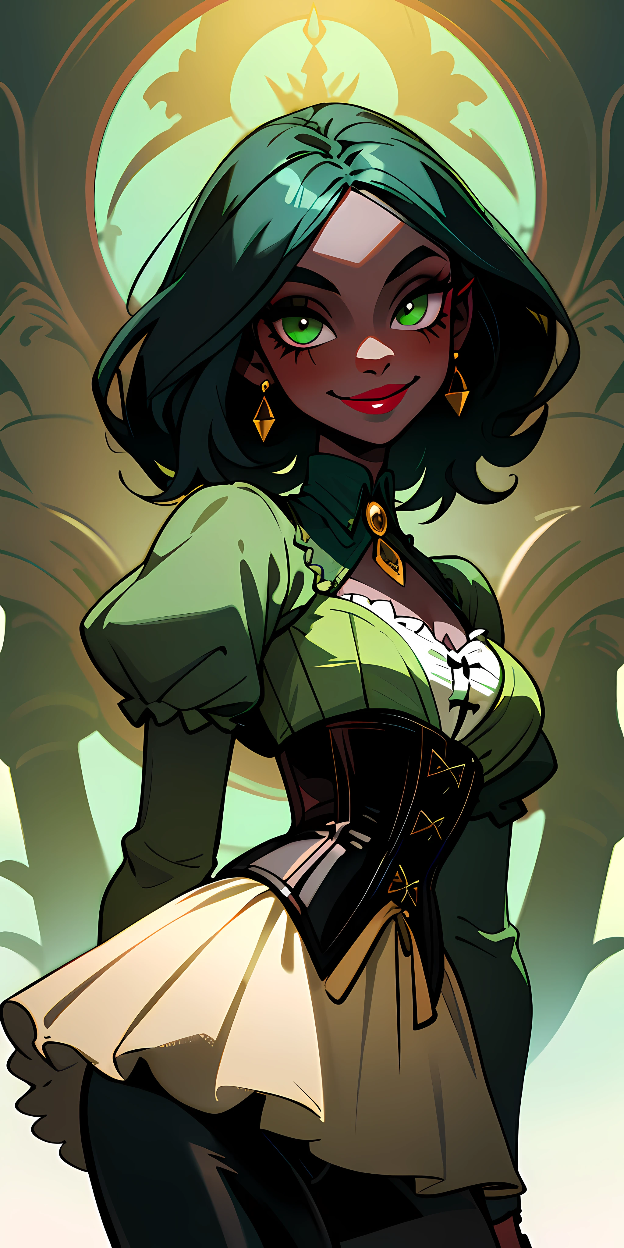 cute woman, makeup, black skin, corset, renaissance world, fantasy, green hill. sexy smile