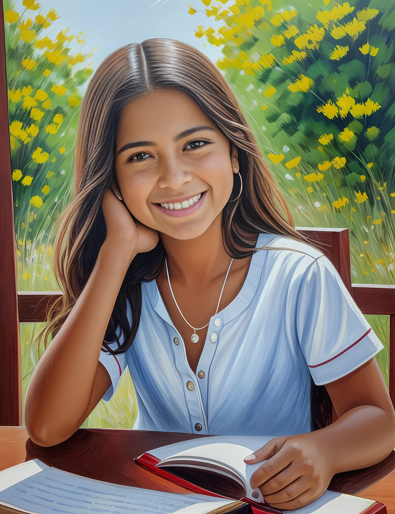 Masterpiece, photorealistic 8K: a girl sitting at a table, with a book and a pencil in her hand, apparently excited and smiling. She seems to be ready to study and learn, with an expression of enthusiasm on her face.  In the painting "Sigara Aşırmak" by Nándor Katona, the girl is depicted smiling and happy, with a captivating look that catches the viewer's attention. She is beautiful and has a radiant smile, which lights up the scene and conveys positivity.  In "Menina Sentada na Mesa", by Almeida Júnior, the girl is portrayed with a sweet and gentle smile, which conveys a sense of tranquility and peace. She seems to be enjoying the moment, feeling comfortable and safe in her study environment.  In Amelia Peláez's image of Alanis Guillen, the girl is depicted with a confident and determined smile. She seems to be ready to face any challenge presented to her, with a firm look and a courageous stance.  Lorena Alvarez is also depicted smiling, in a relaxed and cheerful pose. She seems to be enjoying the moment, which conveys a sense of happiness and contentment to the viewer.  In short, the images depict girls smiling and happy, in different situations, which conveys a sense of positivity and optimism to the viewer. --auto --s2