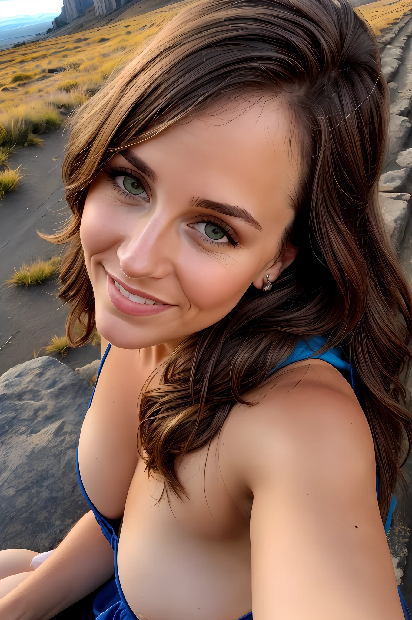 Ana, a 30-year-old woman happy and passionate about drawing, 1 woman ((upper body selfie, happy)), masterpiece, best 30 years old, ultra-detailed, solo, cheerful, happy, contrast, clear sky, style, (warm hue, warm tone): 1.2), close-up, cinematic light, side lighting, ultra high resolution, best shadow, RAW, upper body