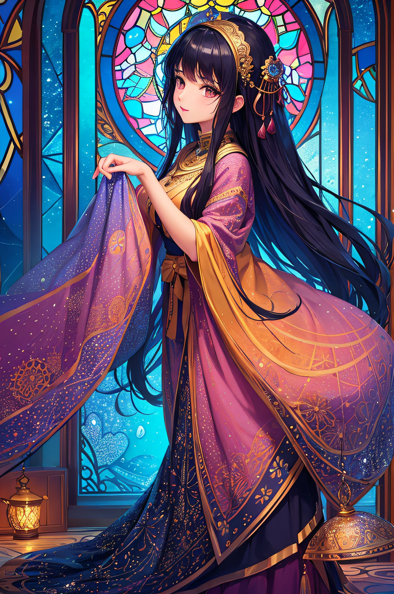 (masterpiece, top quality, best quality,official art, beautiful and aesthetic:1.2),(1girl:1.3), 1girl BREAK stained glass art, colored glass, lead lines, light transmission BREAK vibrant colors, intricate designs, luminous effects, spiritual ambiance