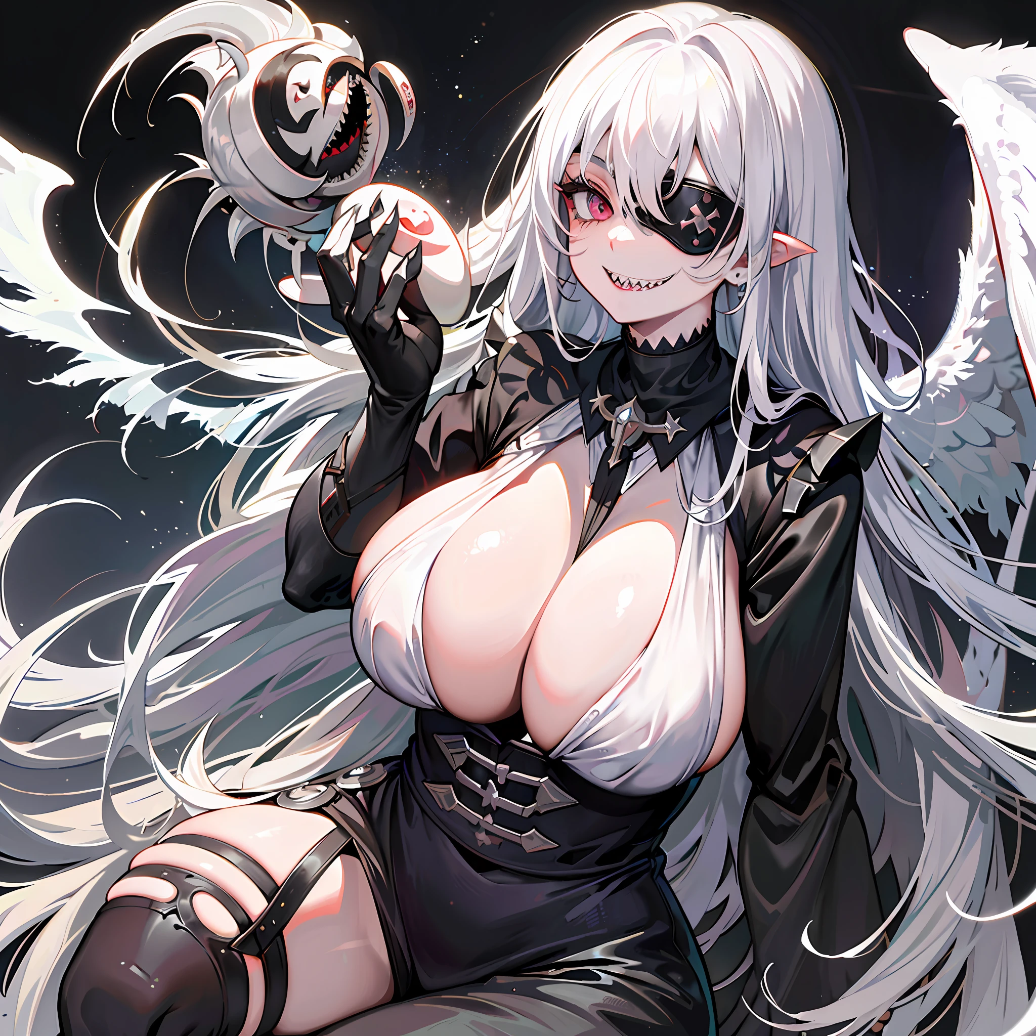 ((masterpiece)), best quality, white haired deity, angel wings, pure black eyes, dark eyes, (((sharp teeth))), sharp smile, detailed eyes, striking eyes, eye patch, evil smile, creepy smile, dragon eyes, thick thighs, beauty mark