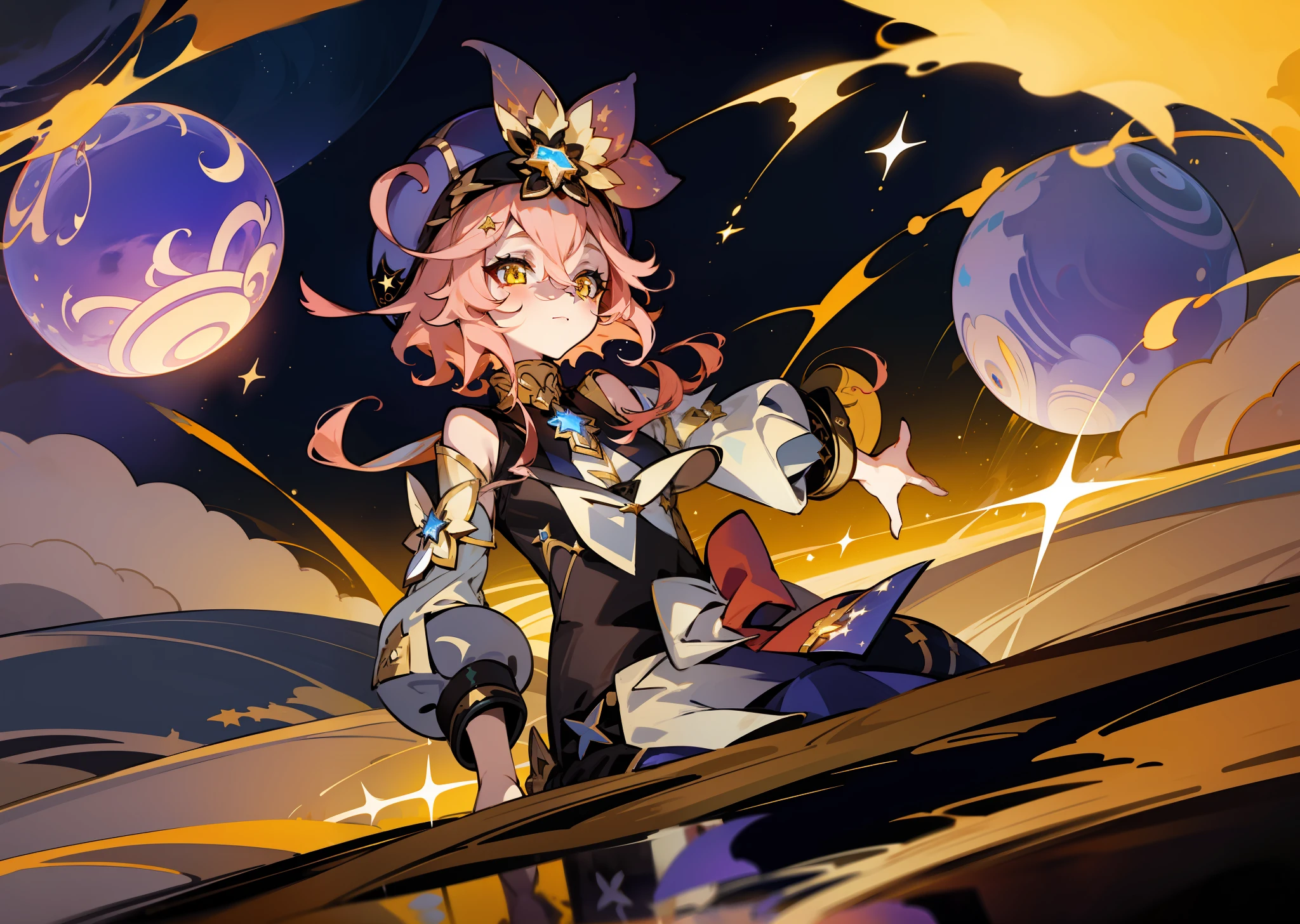 (1girl), illustration, Dori \(Genshin Impact\), star \(symbol\), golden eyes, yellow eyes, glowing eyes, gold jewelry, landscape, night, reflection, water, magic, drowning, radiance, space, star explosion