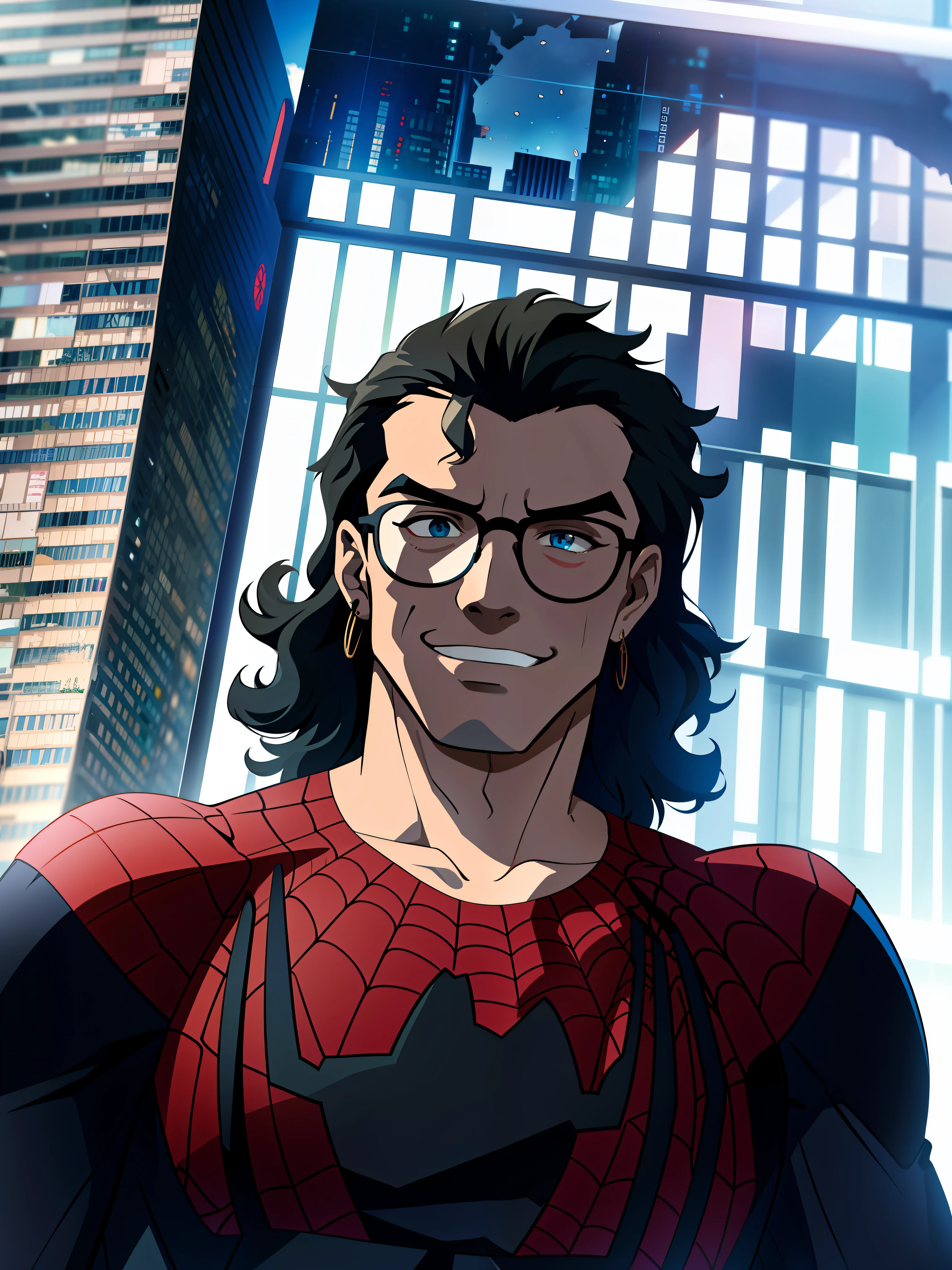 spider suit, spider web print, spider web, spider-man
Masterpiece, absurd, fine details, HDR, ((highly detailed face and eyes)), photorealistic,
focus on the eyes,
standing on the roof of a skyscraper, ((without mask)), looking at the viewer, smiling, black hair, boy focus, big hair, curly hair, round glasses, earrings,
background of New York buildings,