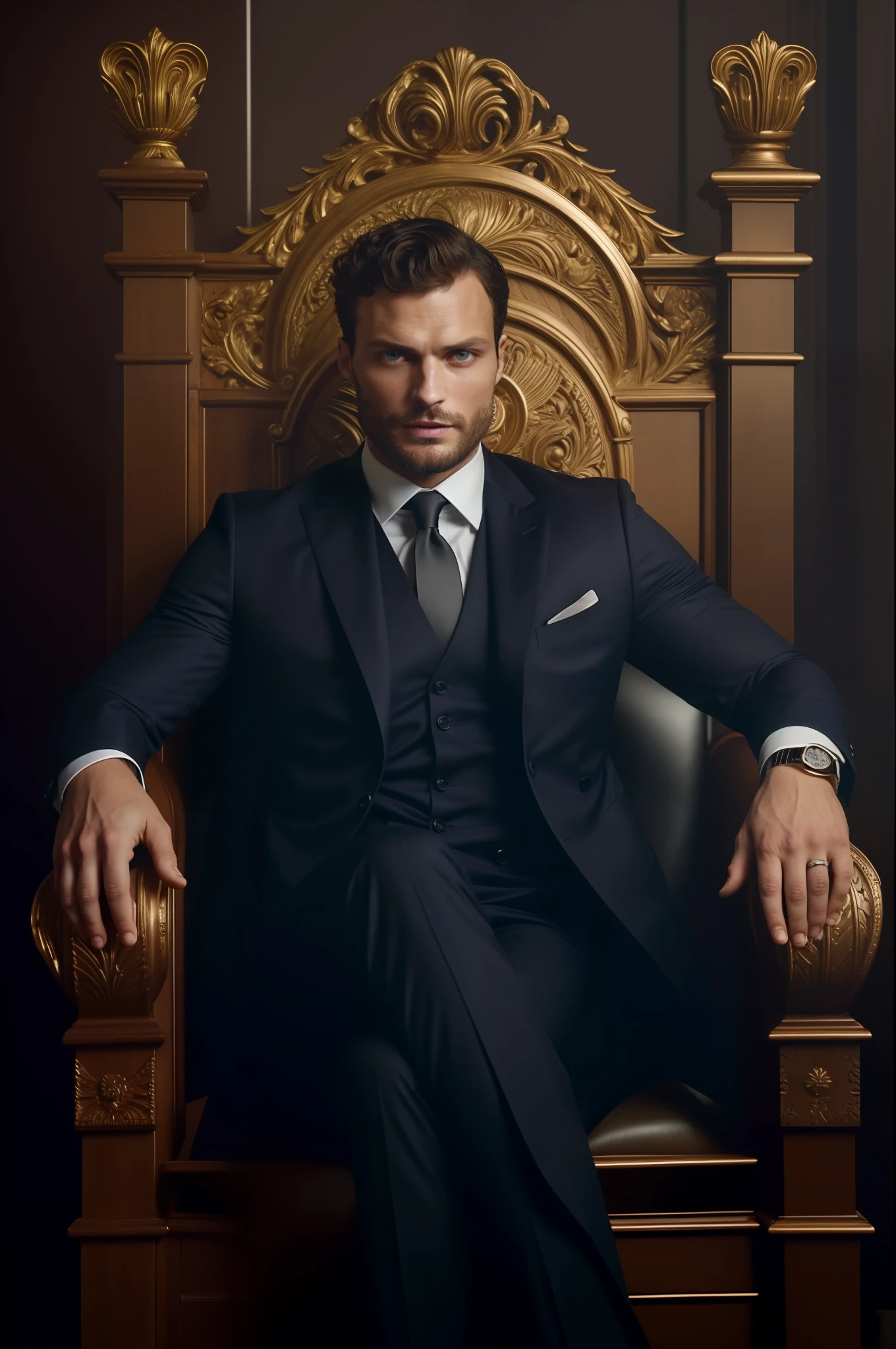Create a Ceo wearing suit, symmetrical and beautiful eyes, stare fixed in the center of the image, details of the face, Jamie Dornan, very beautiful and attractive, black beard and detached, strong and muscular, dark short hair, tanned skin, 8k resolution, best quality, similar to actor Jamie Dornan, pe, close up.