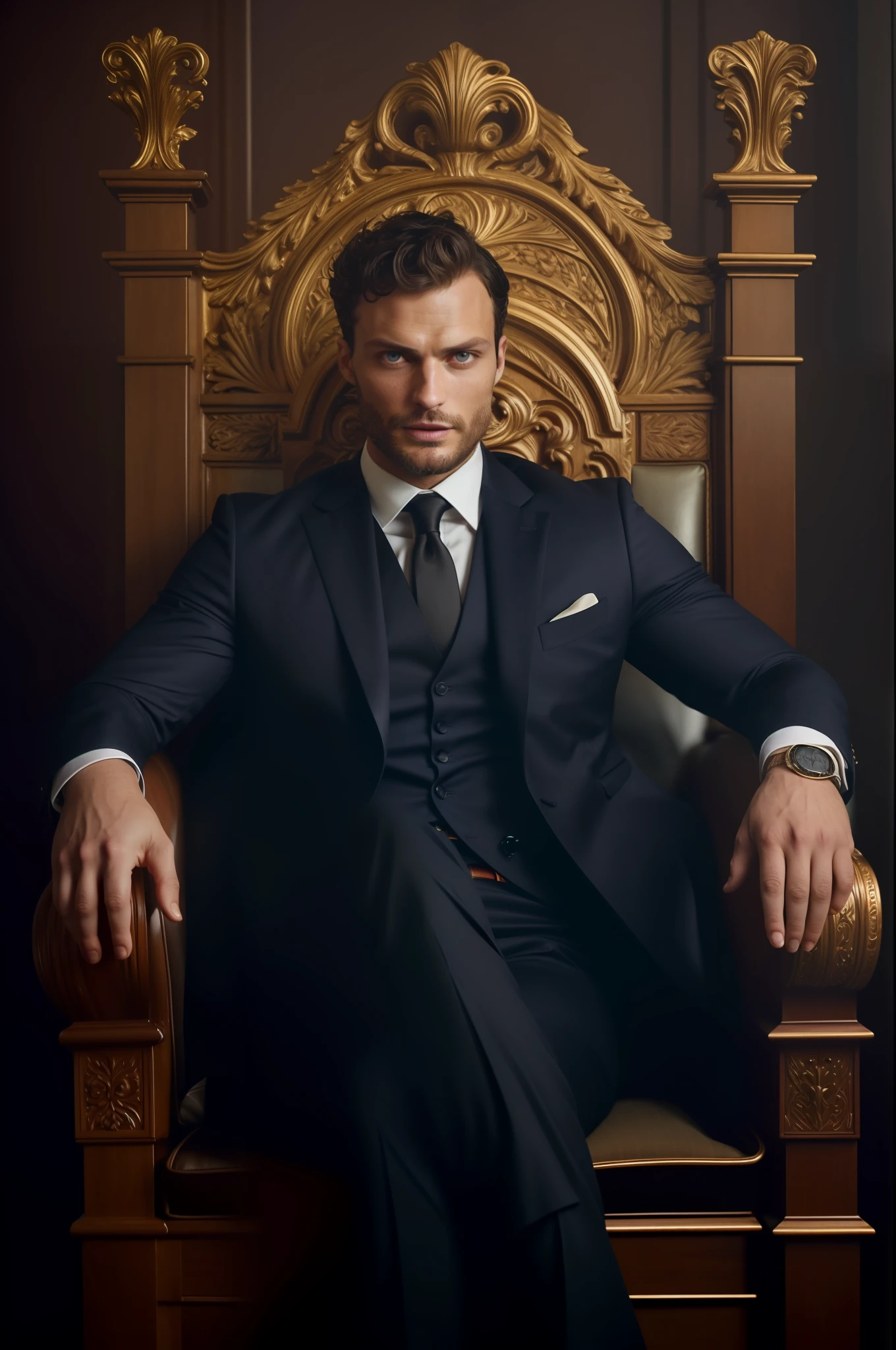 Create a Ceo wearing suit, symmetrical and beautiful eyes, stare fixed in the center of the image, details of the face, Jamie Dornan, very beautiful and attractive, black beard and detached, strong and muscular, dark short hair, tanned skin, 8k resolution, best quality, similar to actor Jamie Dornan, pe, close up.