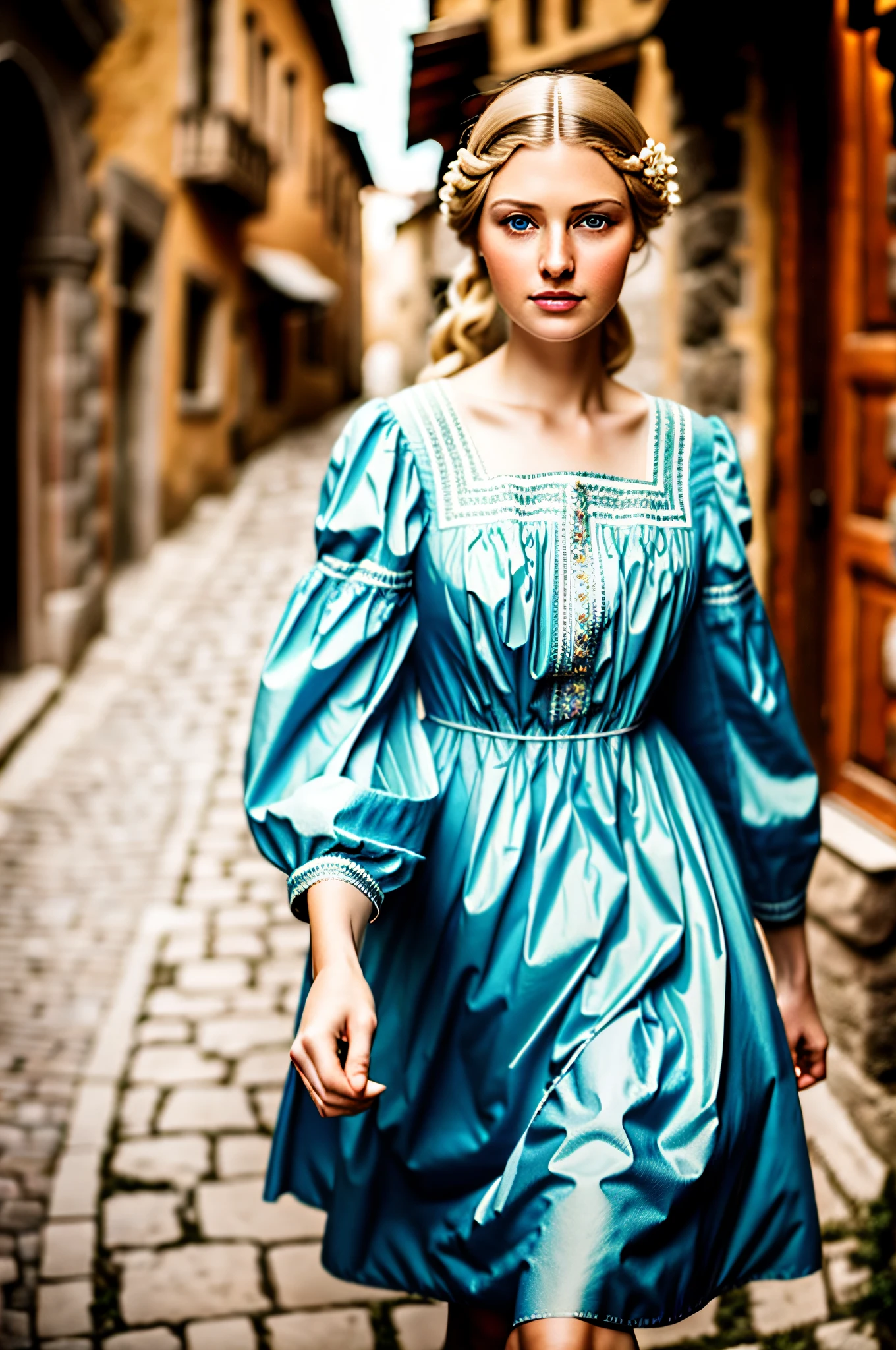 best quality, masterpiece, realistic photo, intricate details, raw photo, ultra detailed, old fashioned young woman, with peasant style dress, no necklines, blonde hair, perfect detailed and blue eyes, walking in an old city, HD quality, 8K, young woman, 20 years old