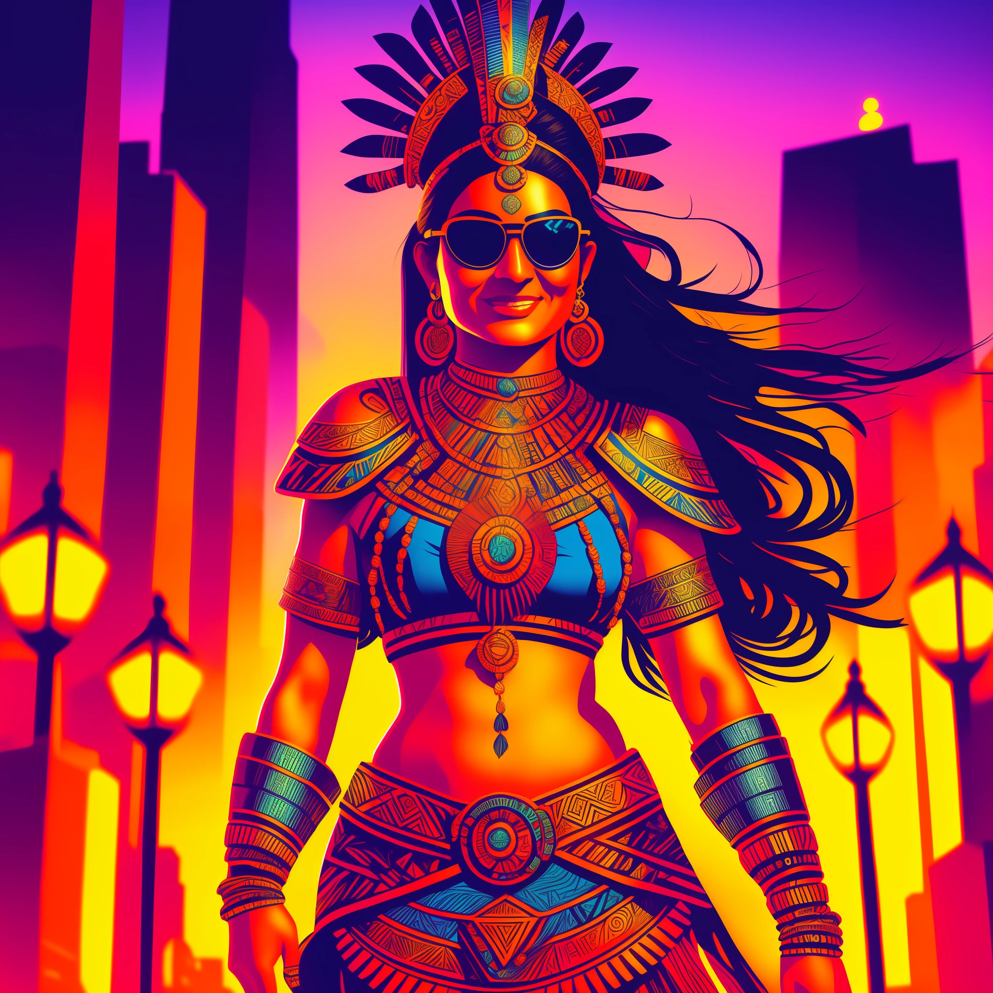 An Aztec warrior woman in the Omib style, illustrator, masterpiece, high quality, 8k, high res, high detail, smiley, transparent sunglasses, cinematic overlay, bright colors, cool soft lighting, Chicago night, wind blowing, greg rutkowki style --auto --s2