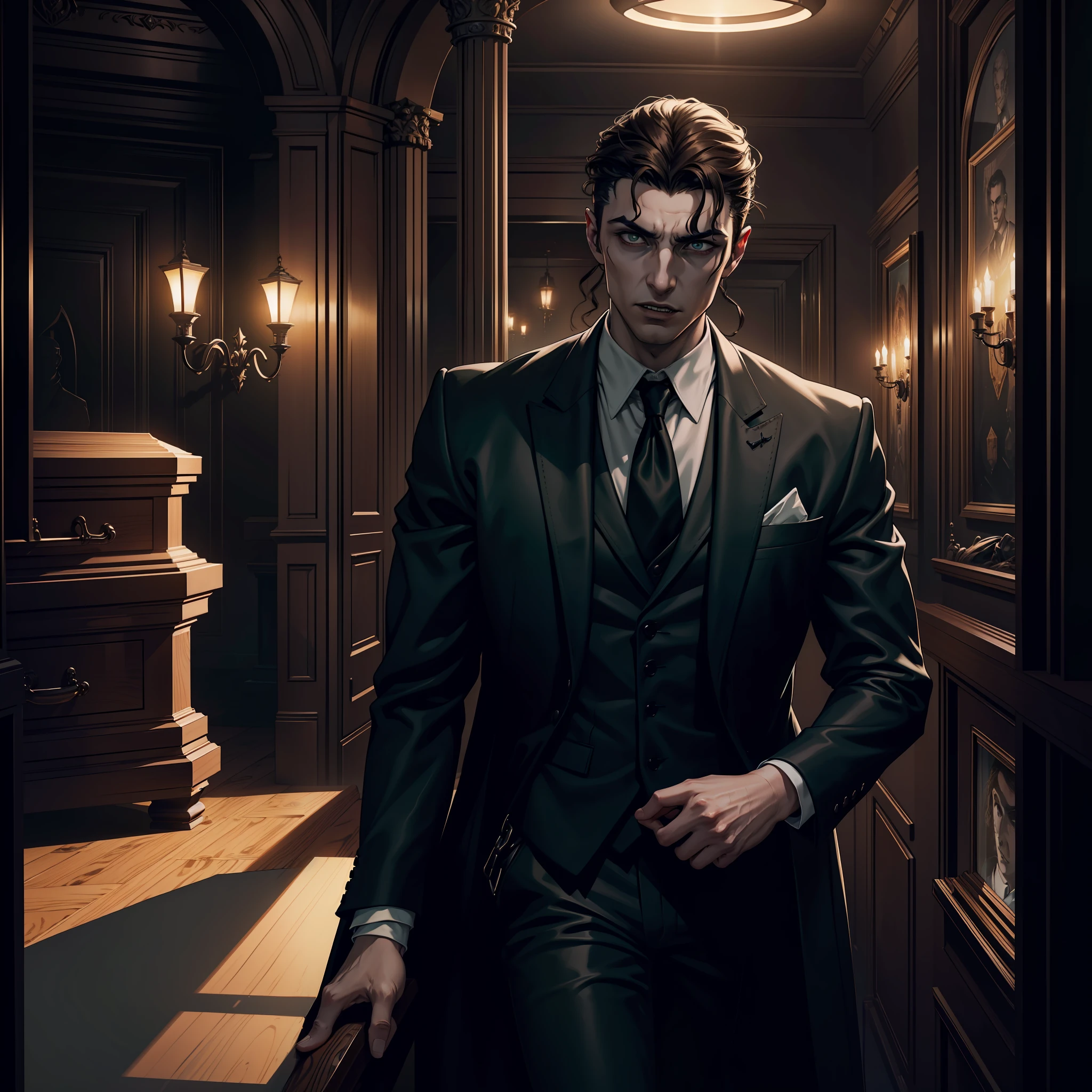 (extremely detailed 8k wallpaper), dark theme, Vampire the Masquerade, modern horror, 2020s, young man, wearing gray suit, sharp focus, (subsurface scattering:1.1), award-winning photography, centered face, Michele Morrone's face, (((a Hecata vampire))), half-body shot:1.1, curly dark brown hair, green eyes, confident expression, interior of the funeral company with several coffins around it, dramatic lighting