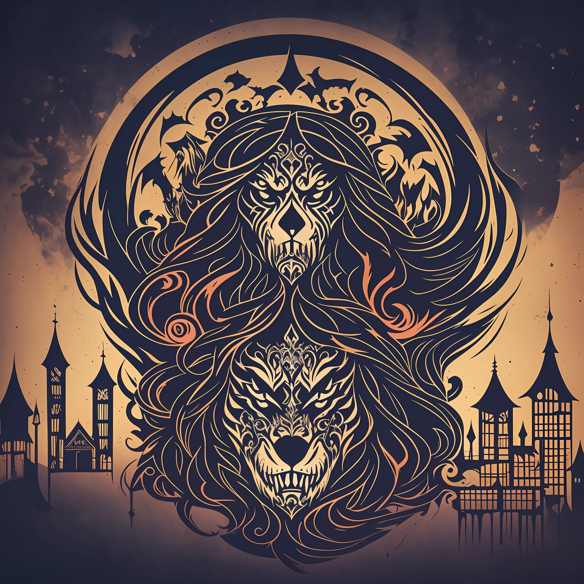 Design a captivating logo for a horror-themed clothing store targeting teenagers. Incorporate a sinister full moon shrouded by dark clouds, casting an eerie glow. Below, include a hauntingly elegant mansion and a trail of menacing werewolf footprints. Utilize bold and stylized typography, infused with dark and intense hues. The logo should evoke curiosity and fascination, enticing the teenage audience into the realm of terror --auto --s2