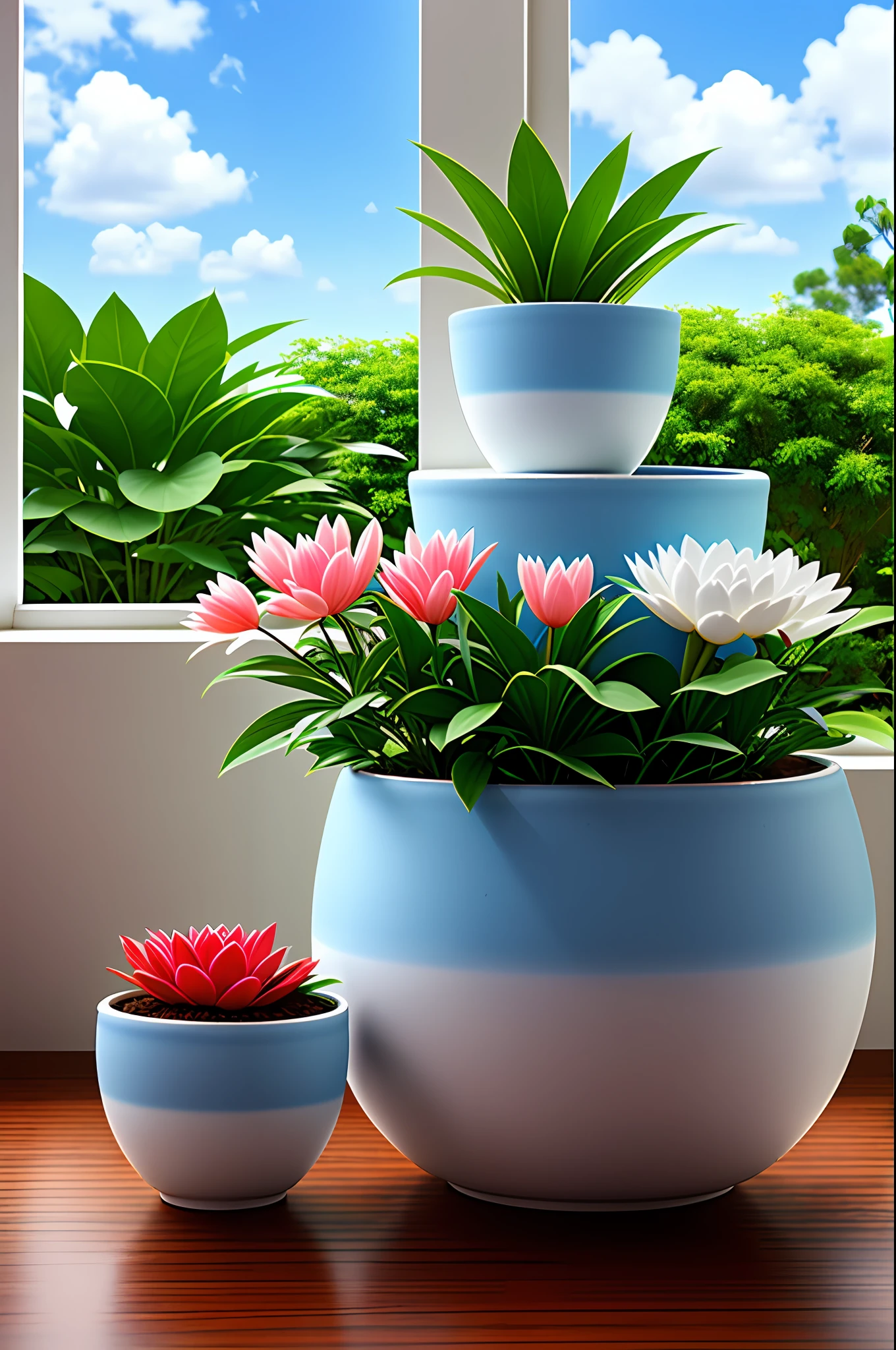 Clay flower pot, bowl lotus, blue sky and white clouds, by the window, sunlight coming in, many details, high quality, 8k