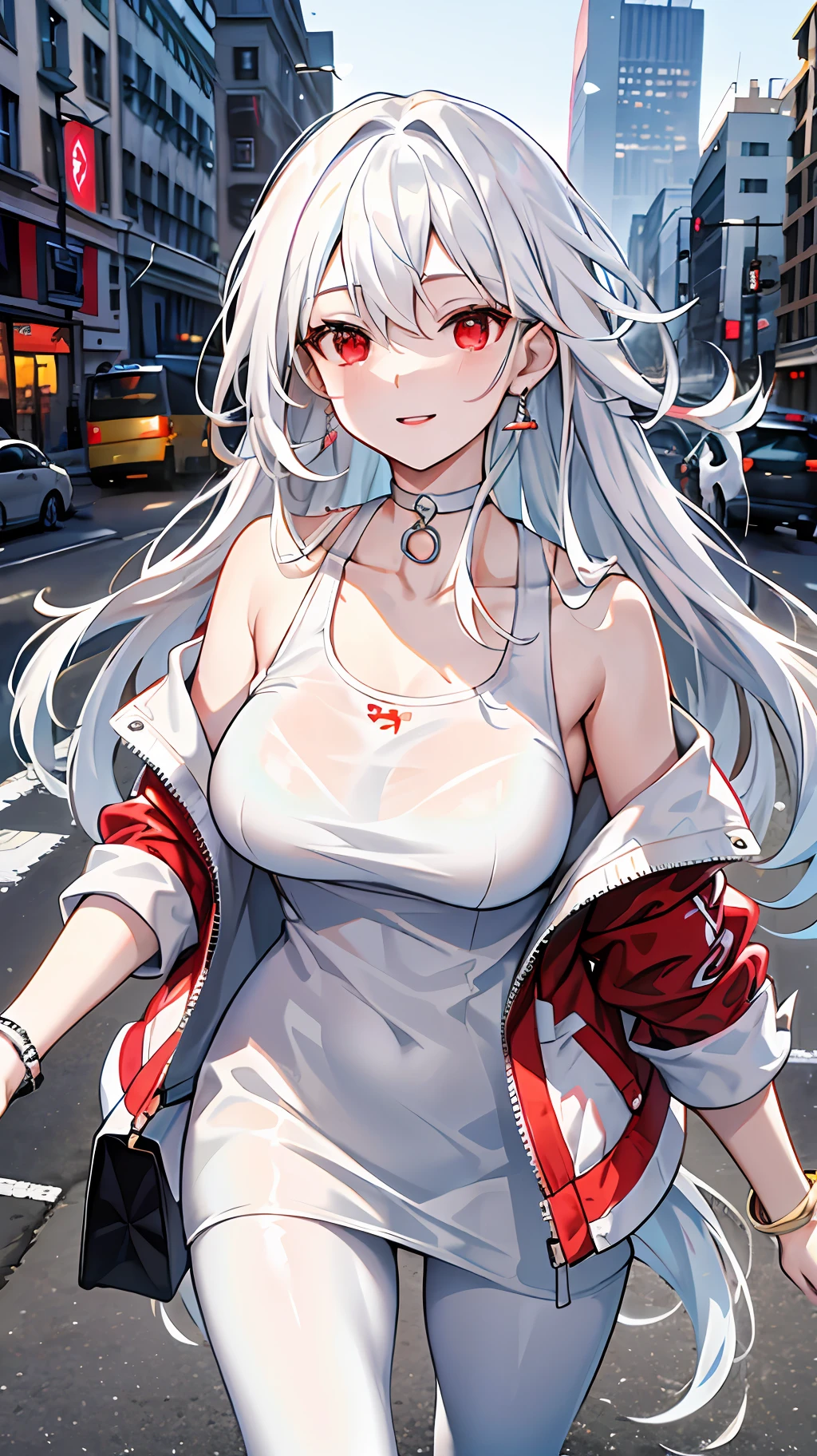 Masterpiece, masterpiece, white t-shirt, best quality, ultra hd, 8k, street, traffic light, bus stop, telephone pole, a beauty, white long hair, white hair, lively and cheerful, full of vitality, delicate red jacket, sticker strip, white t-shirt, red jacket, black leggings, good mood, dynamic, white hair, red eyes, fluffy hair, detailed hair, delicate facial features, detailed face, ultra-close, ultra-fine, ultra-high-definition, dynamic viewing angle, dynamic image, dynamic pose, depth of field, choker, modern style, modern city, high-rise building, elegant, bracelet, shopping bag, a mobile phone, milk tea, fashionable dress, depth of field, vending machine, extreme details, soft hair, tall image, earrings, face white, ultra-close, ultra-high-definition, fresh atmosphere, clear face, depth of field, off-the-shoulder, detailed collarbone, chuckles,