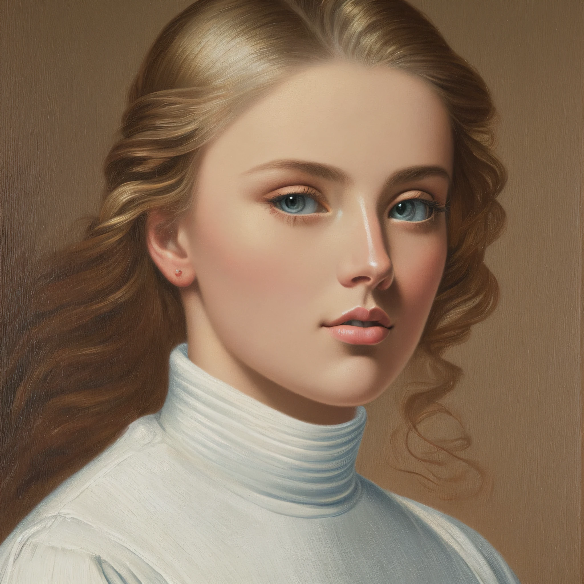 Portrait of Scarlett, beautiful, oil on canvas, Romanticism wearing a white turtleneck t-shirt --auto --s2