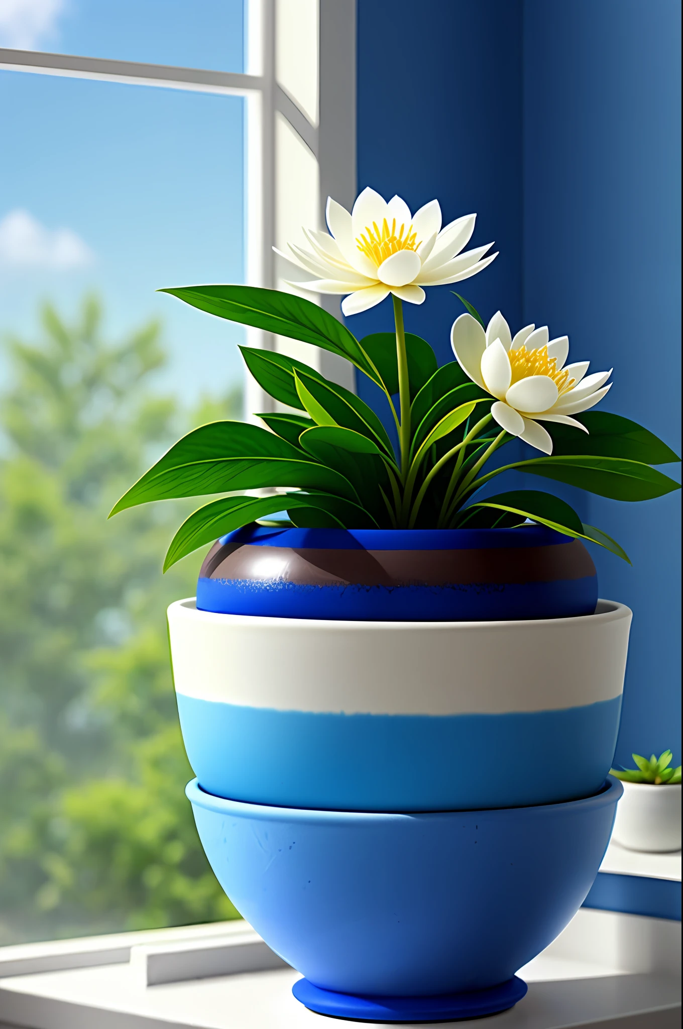 Clay flower pot, bowl lotus, blue sky and white clouds, by the window, sunlight coming in, many details, high quality, 8k