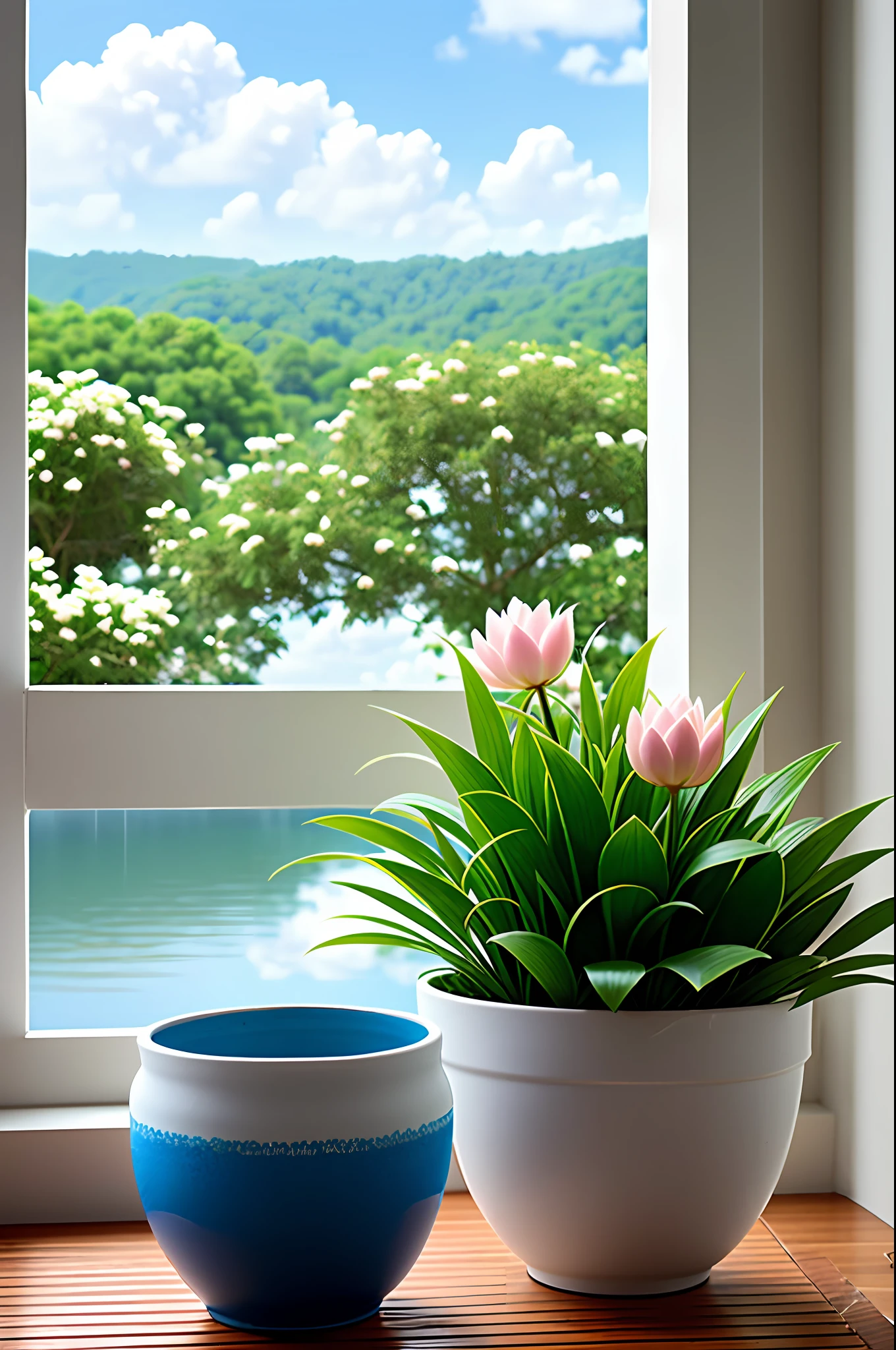Clay flower pot, bowl lotus, blue sky and white clouds, by the window, sunlight coming in, many details, high quality, 8k