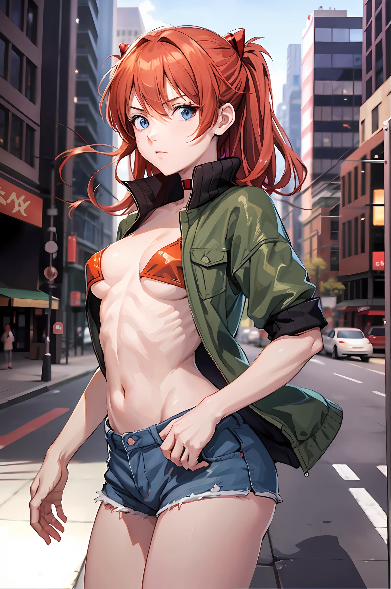 anime screencap, city, 1girl, solo, red hair, blue eyes, lustful, small breasts, closed mouth, ass, wide hips, short top, short shorts, unbuttoned shorts, walking, perfect legs, erotica, back,