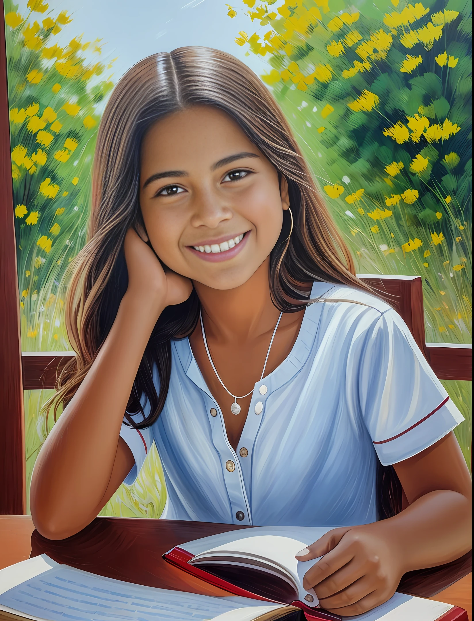 Masterpiece, photorealistic 8K: a girl sitting at a table, with a book and a pencil in her hand, apparently excited and smiling. She seems to be ready to study and learn, with an expression of enthusiasm on her face.  In the painting "Sigara Aşırmak" by Nándor Katona, the girl is depicted smiling and happy, with a captivating look that catches the viewer's attention. She is beautiful and has a radiant smile, which lights up the scene and conveys positivity.  In "Menina Sentada na Mesa", by Almeida Júnior, the girl is portrayed with a sweet and gentle smile, which conveys a sense of tranquility and peace. She seems to be enjoying the moment, feeling comfortable and safe in her study environment.  In Amelia Peláez's image of Alanis Guillen, the girl is depicted with a confident and determined smile. She seems to be ready to face any challenge presented to her, with a firm look and a courageous stance.  Lorena Alvarez is also depicted smiling, in a relaxed and cheerful pose. She seems to be enjoying the moment, which conveys a sense of happiness and contentment to the viewer.  In short, the images depict girls smiling and happy, in different situations, which conveys a sense of positivity and optimism to the viewer. --auto --s2