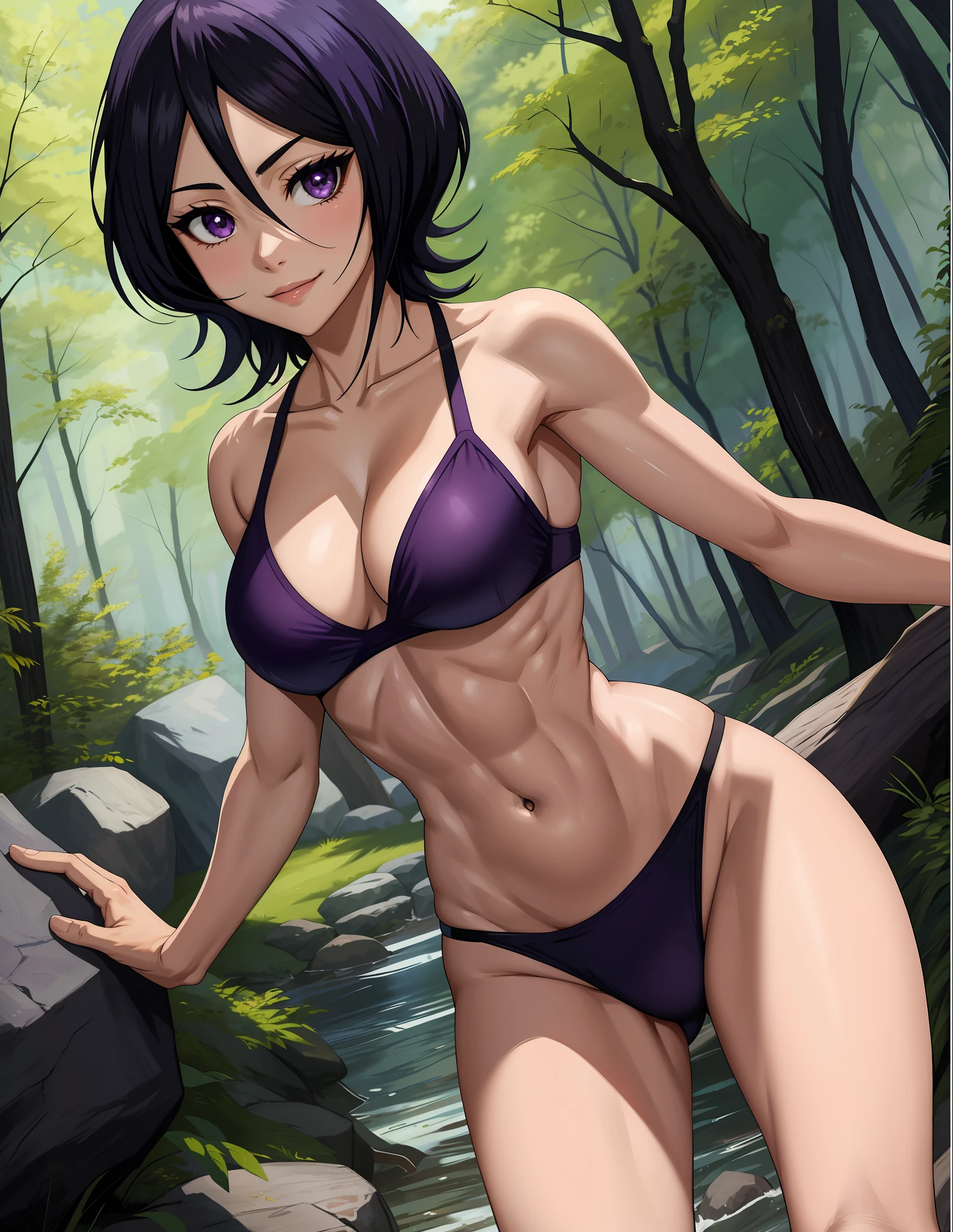 anime screenshot, forest, path,
1girl, solo, hand on thigh, short hair, black hair, purple eyes, black purple bikini, female groin, smile, navel, abs, wide hips, ass, look at the viewer, hair between the eyes, cowboy shot, face to the viewer,