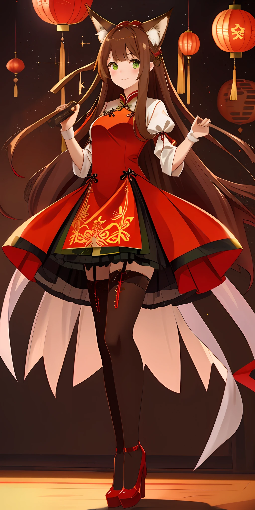 Long hair, fox ears, red Chinese dress, brown hair, green eyes, sparkling eyes, full body, standing, stockings, pantyhose, garter belt