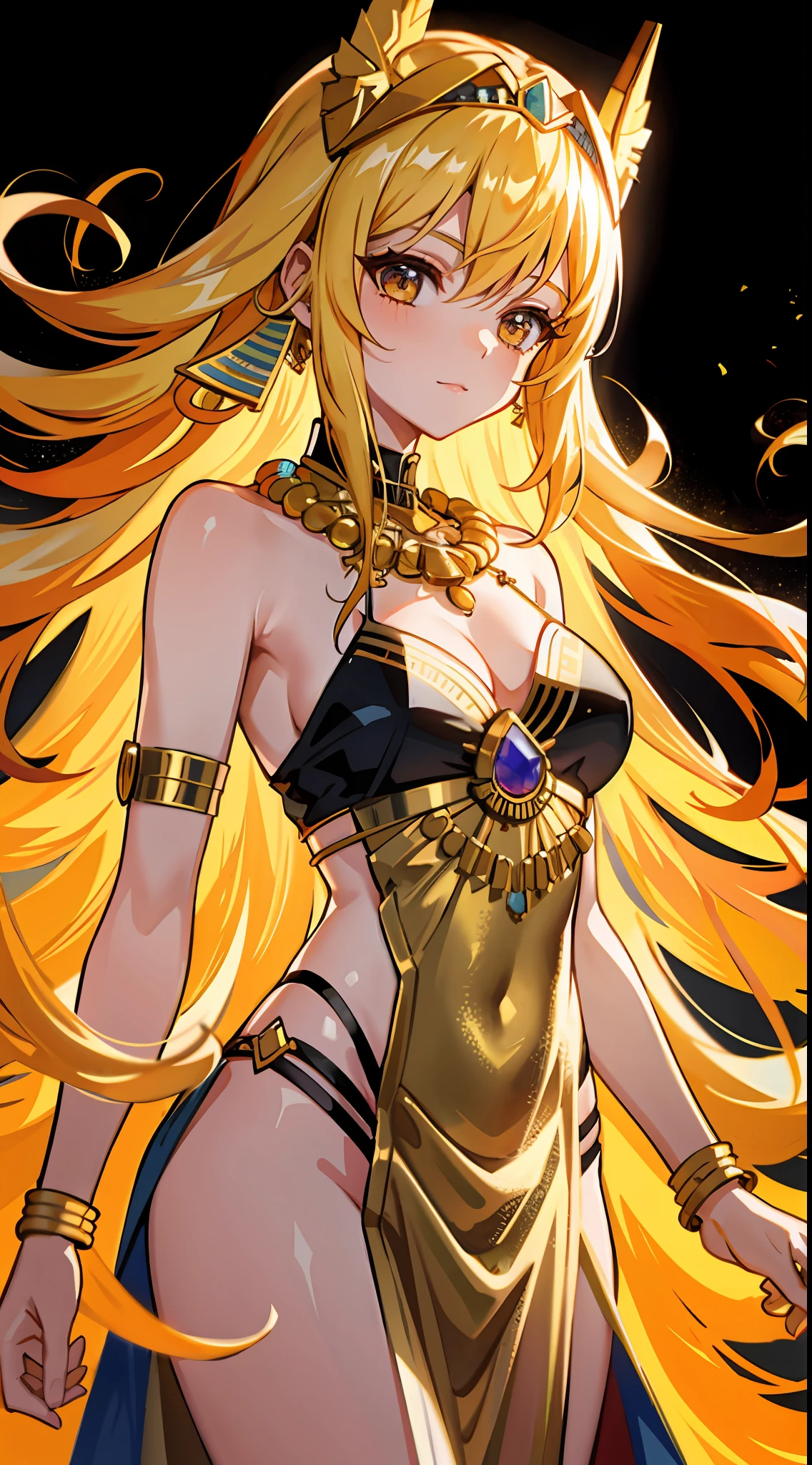1girl, goddess, immortal, golden clothes, egypt clothes, bare shoulders, golden hair, long hair, hair ornament, necklace, golds, detailed background, cowboy shot