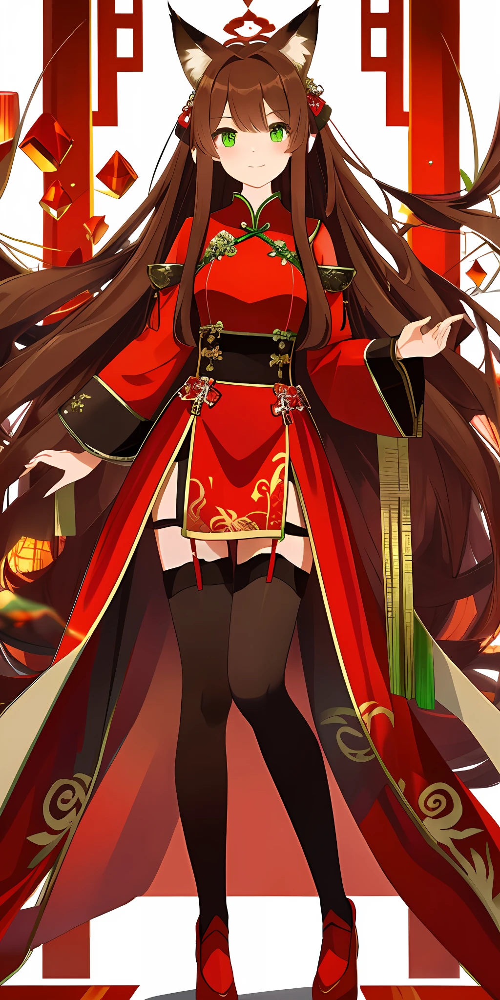 Long hair, fox ears, red Chinese dress, brown hair, green eyes, sparkling eyes, full body, standing, stockings, pantyhose, garter belt