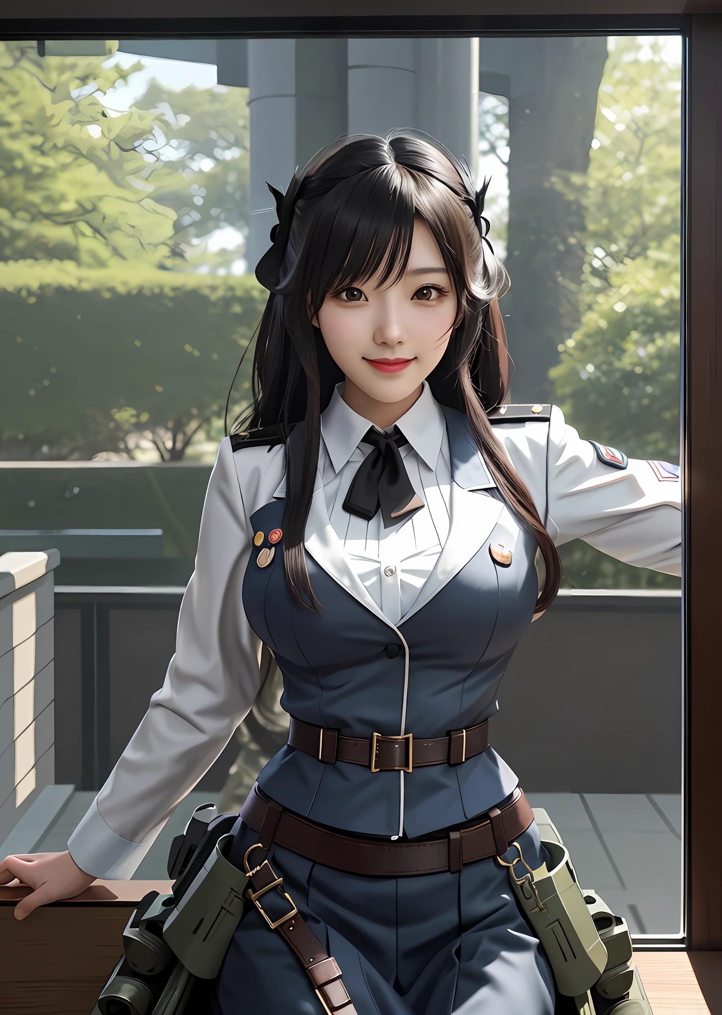 Hiryuu from Azure Lane, trending anime realism on Pixiv, sfw, kawaii, military outfit, high rank soldier, in office, WWII, crazy smile, laughing maniacally, sinister beauty, Third Reich, German military officer waifu, Photorealistic, highly detailed, hyperrealism, ray tracing, high quality vector, high resolution, bunnygirl military Waifu, large breasts, hentai, lewd