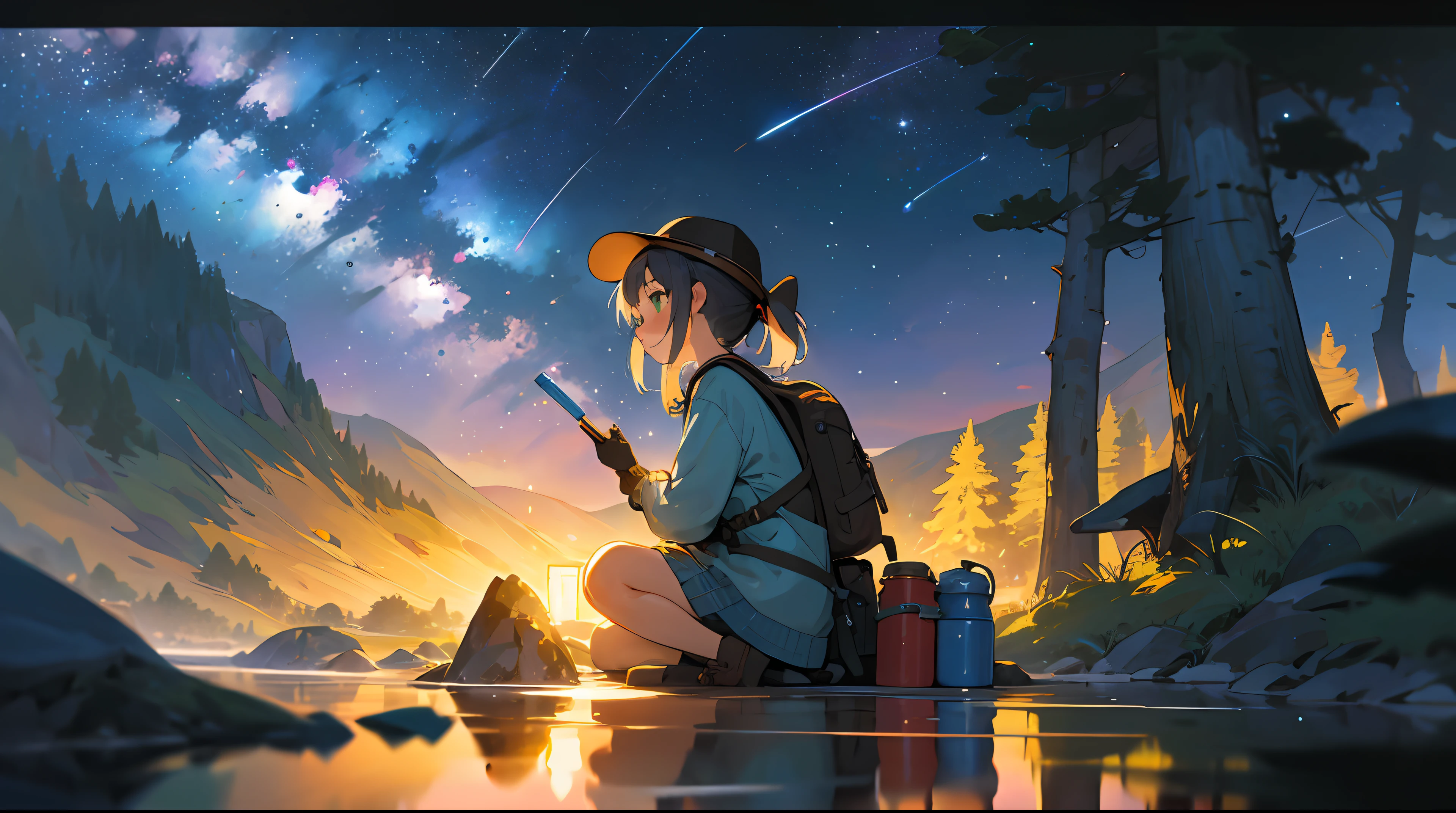 masterpiece, best quality, ultra-detailed, illustration, 1girl, short girl, young girl, beautiful, solo, looking away, outdoors, camping, night, mountains, nature, stars, moon, tent, twin ponytails, green eyes, cheerful, happy, backpack, sleeping bag, camping stove, water bottle, mountain boots, gloves, sweater, hat, flashlight, forest, rocks, river, wood, smoke, shadows, contrast, clear sky, constellations, Milky Way, peaceful, serene, quiet, tranquil, remote, secluded, adventurous, exploration, escape, independence, survival, resourcefulness, challenge, perseverance, stamina, endurance, observation, intuition, adaptability, creativity, imagination, artistry, inspiration, beauty, awe, wonder, gratitude, appreciation, relaxation, enjoyment, rejuvenation, mindfulness, awareness, connection, harmony, balance, texture, detail, realism, depth, perspective, composition, color, light, shadow, reflection, refraction, tone, contrast, foreground, middle ground, background, naturalistic, figurative, representational, impressionistic, expressionistic, abstract, innovative, experimental, unique, depth of field, bokeh