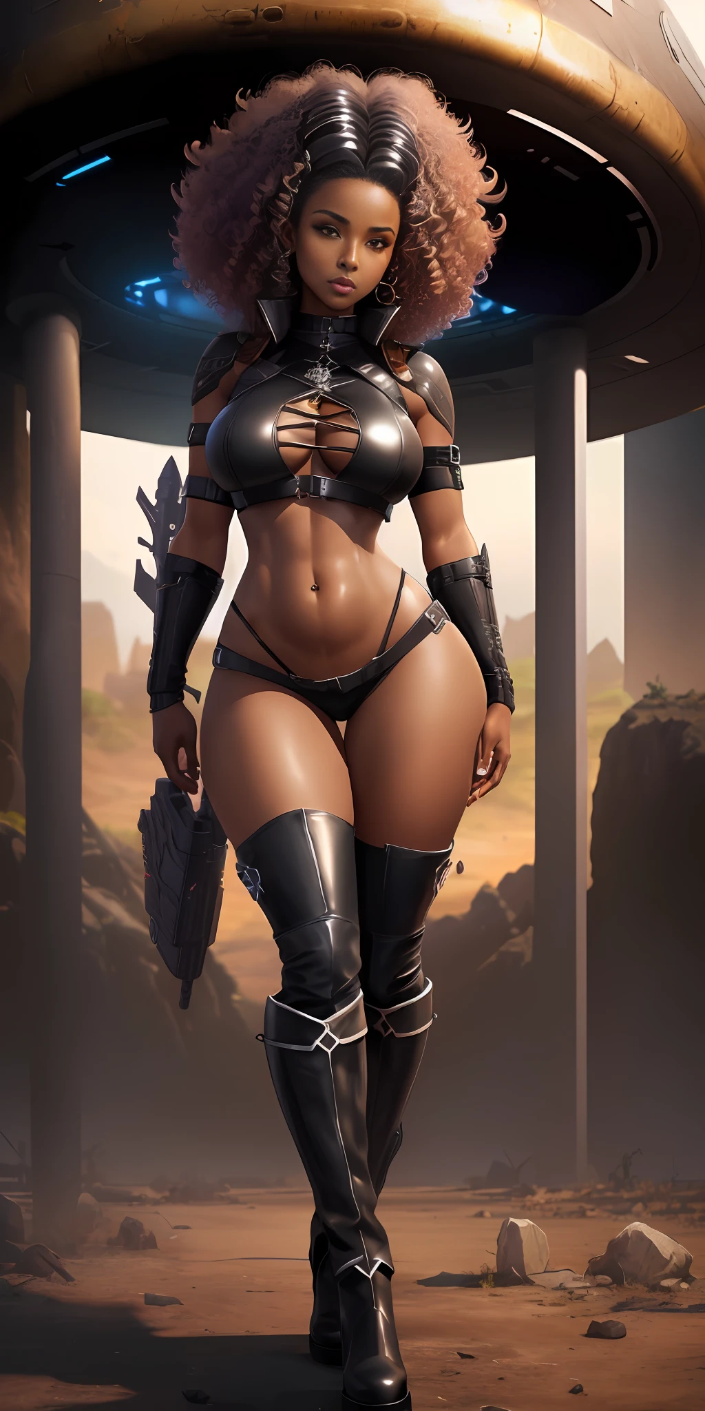 ((An attractive black-skinned woman with curly hair, model body)), (rpg witch, showing belly, crotch, large breasts), leather boots, rpg style, full body, standing in natural pose, transparent clothes, scenery of an abandoned and dark spaceship, GameStation style:1, ultra detailed, artstation, 4k resolution