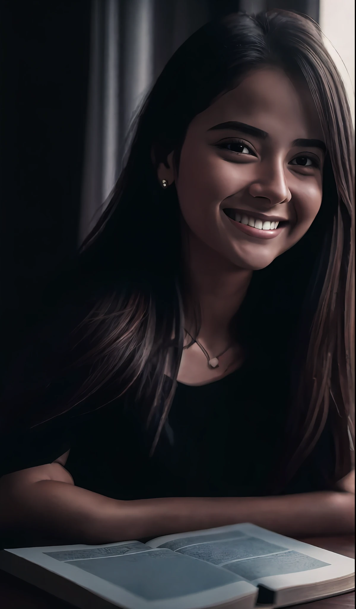 Photorealistic masterpiece 8k: Girl sitting at a table with a book and pencil, she is smiling and excited, 2. sigara aşırmak, by Nándor Katona, she is smiling and happy, beautiful and smiling, by Almeida Júnior, alanis guillen, by Amelia Peláez, lorena avarez --auto --s2