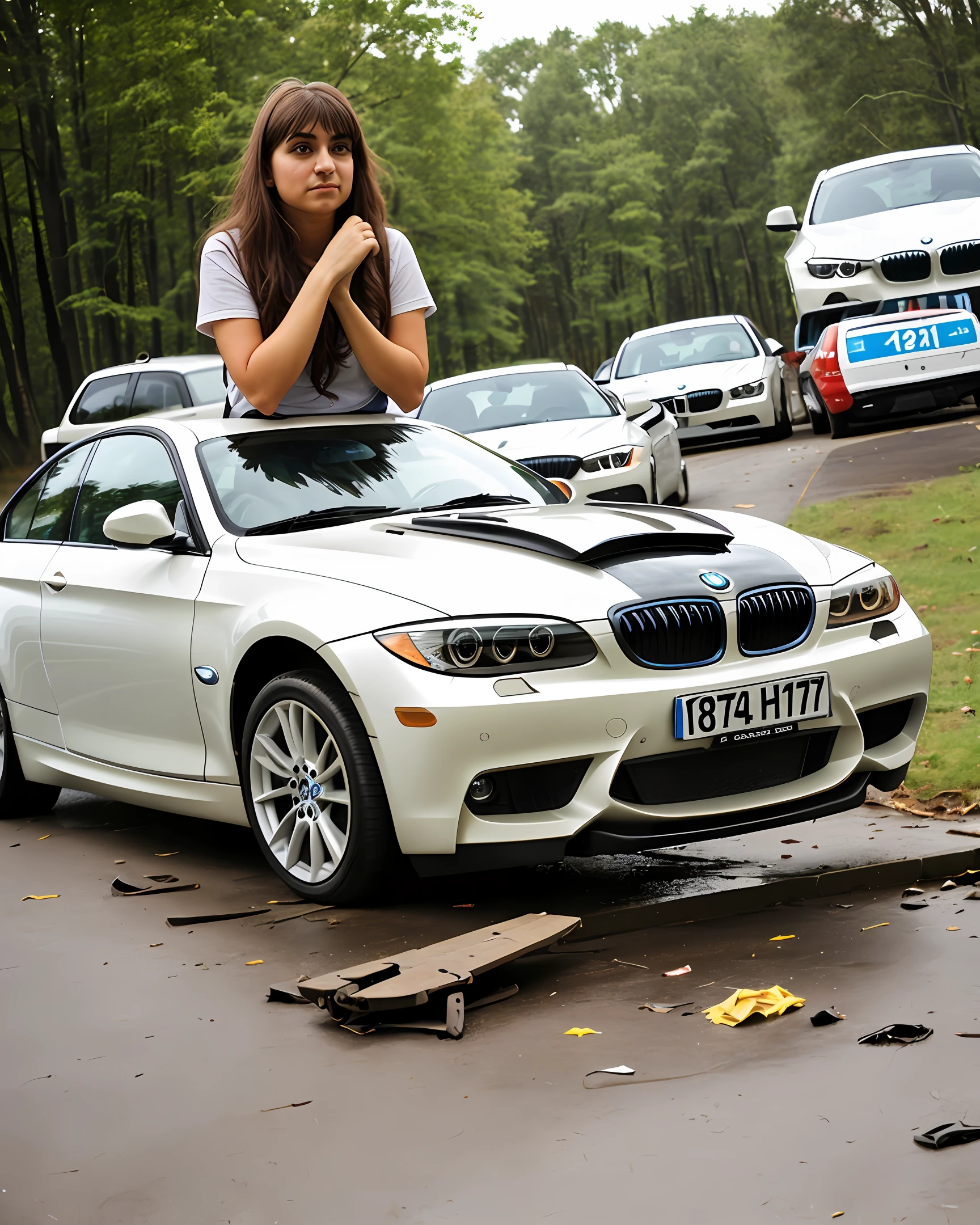 Make a picture of a woman with a crashed BMW car