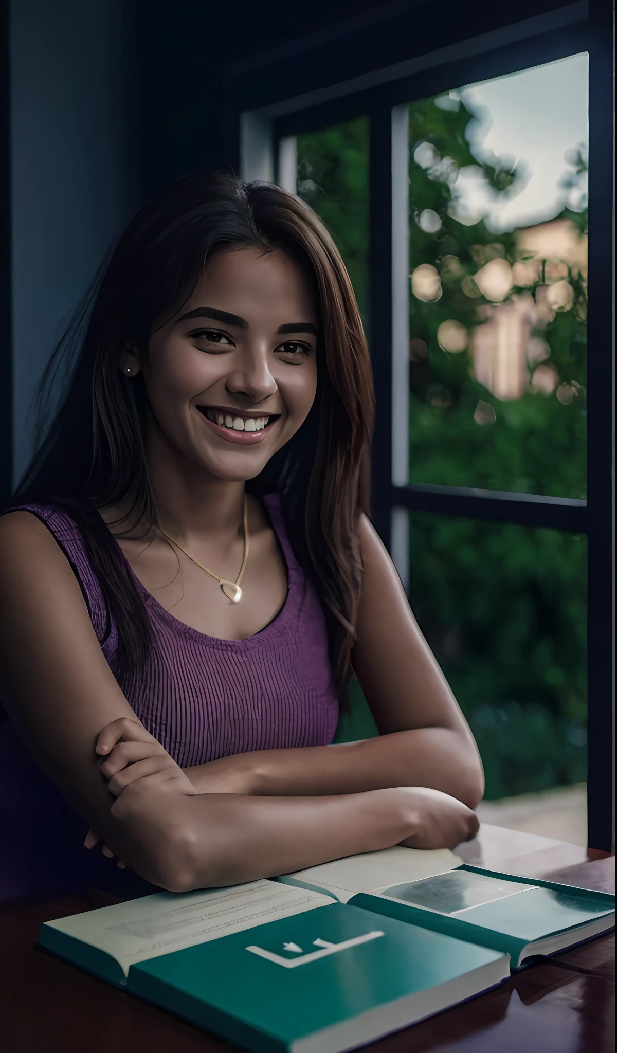 Photorealistic masterpiece 8k: Girl sitting at a table with a book and pencil, she is smiling and excited, 2. sigara aşırmak, by Nándor Katona, she is smiling and happy, beautiful and smiling, by Almeida Júnior, alanis guillen, by Amelia Peláez, lorena avarez --auto --s2