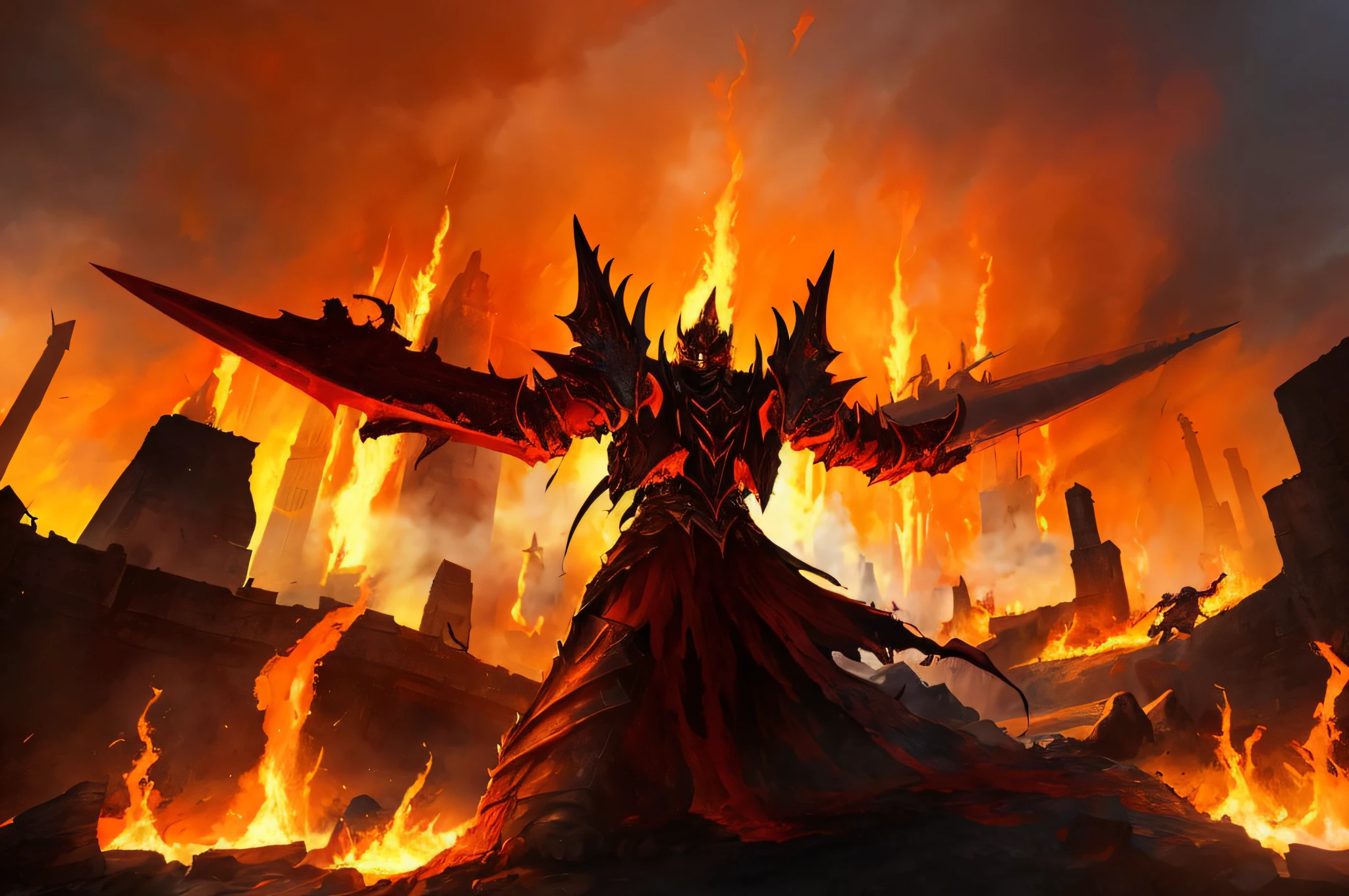 ((masterpiece, ultra quality, absurdres, ultra detailed)), Red, Fantasy, Knight, Futuristic, solo, Black Armor, Cinematic, Contrast, Action, Dramatic, Dark, Powerful, Sword, Sci-Fi, Epic, Edgy, Dynamic, Danger, Adventure, Special Effects, War-Torn, Bright Flames, Blood, Ruined Castle, Glowing Eyes, Magical Sword, Back Weapon, Bright Glow, High-Contrast, Dynamic Lighting, Vibrant Colors, HDR, cinematic, Filmic Look, Immersive Atmosphere, Intense Action, hell, lava, ((masterpiece, ultra quality, absurdres, ultra detailed))