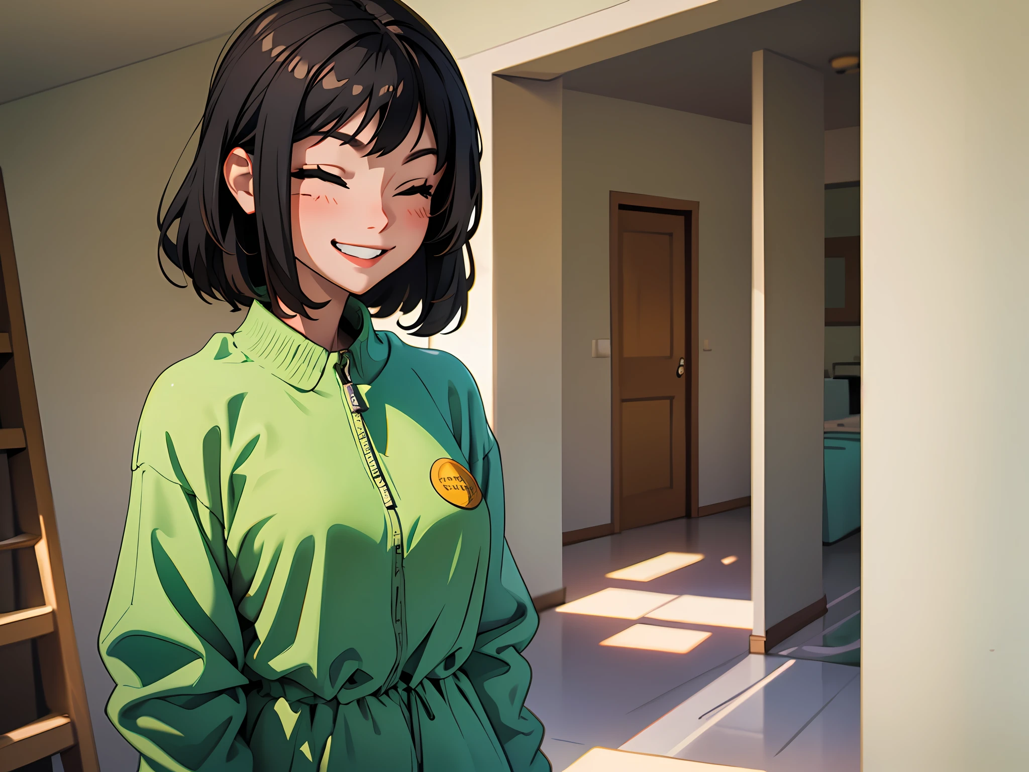 (best quality, masterpiece), 1girl, black hair, wide smile, eye-closed, standing in empty new house