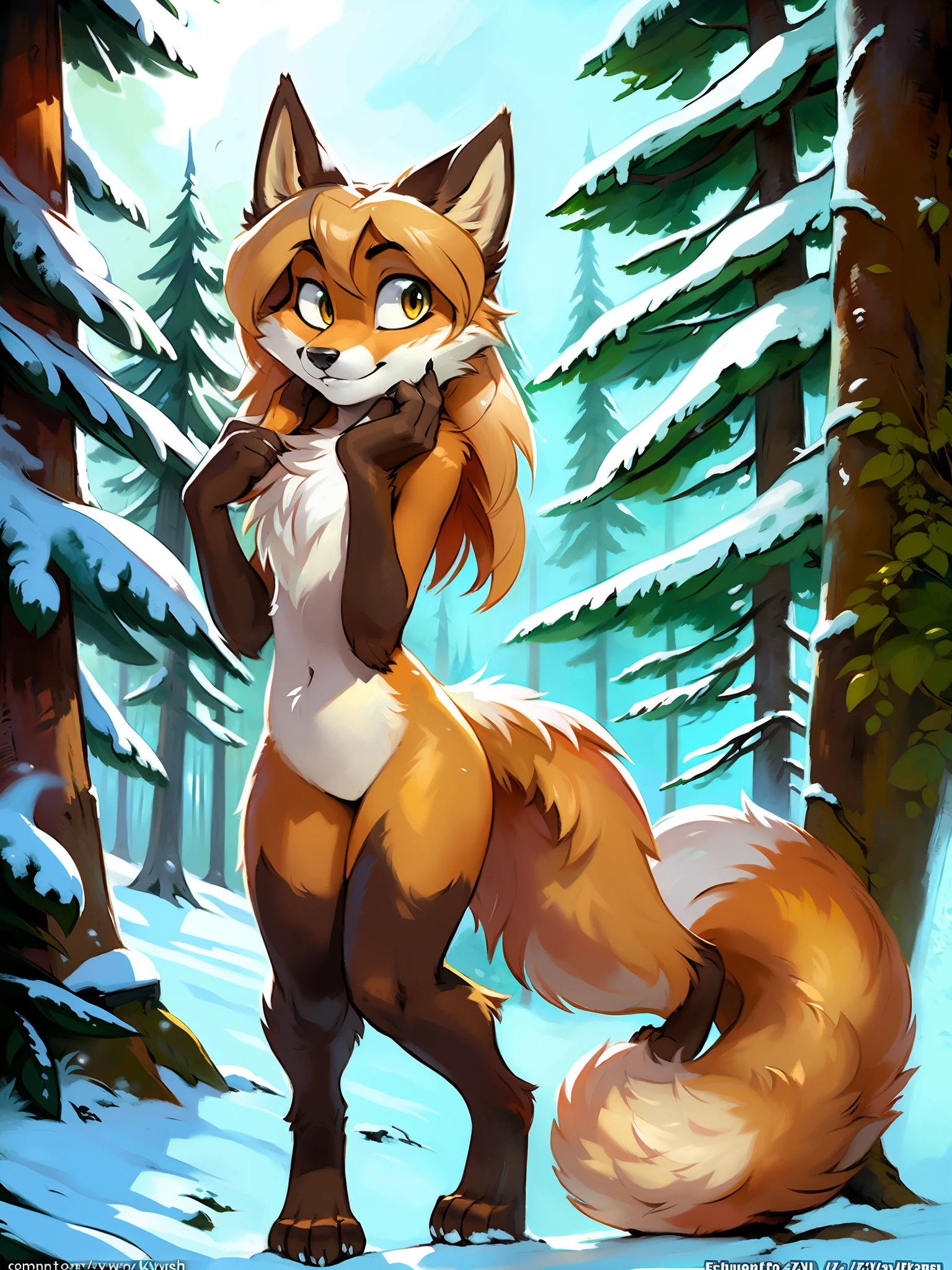 averi, fox girl, big chest, day, sexy, sensual, detailed, uploaded to e621, beautiful and detailed portrait of an anthropomorphic vixen ((woman))) kenket, Ross Tran, ruan jia, uploaded to e621, zaush, foxovh, movie lighting, forest, snowy, thicc, alone, standing, staggering cold, watching the viewer