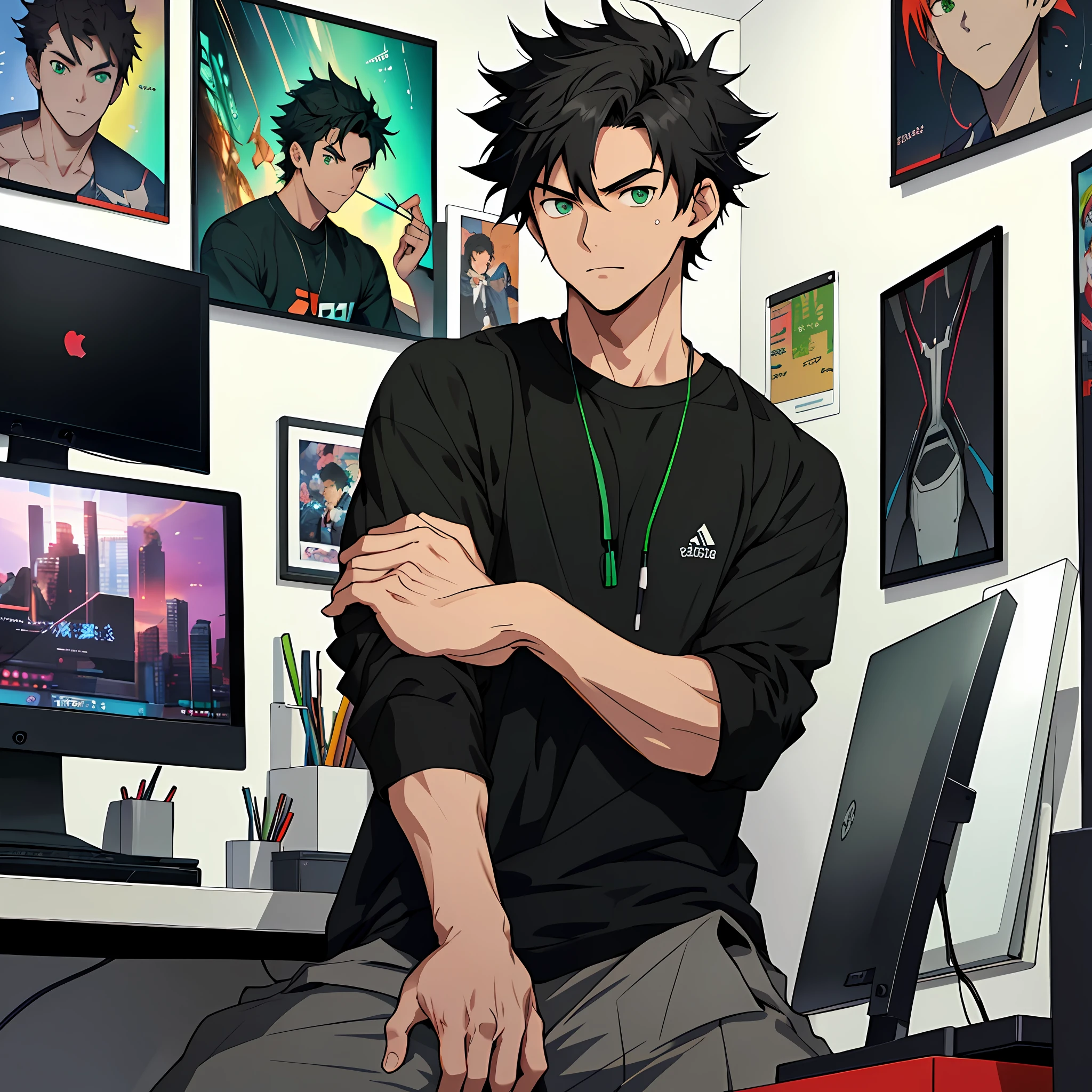 Best quality: 1.0), (Super High Resolution: 1.0), Anime boy, short black hair, green eyes, black shirt, sitting in front of the computer, tidy bedroom background with posters of motivation and prosperity on the walls,