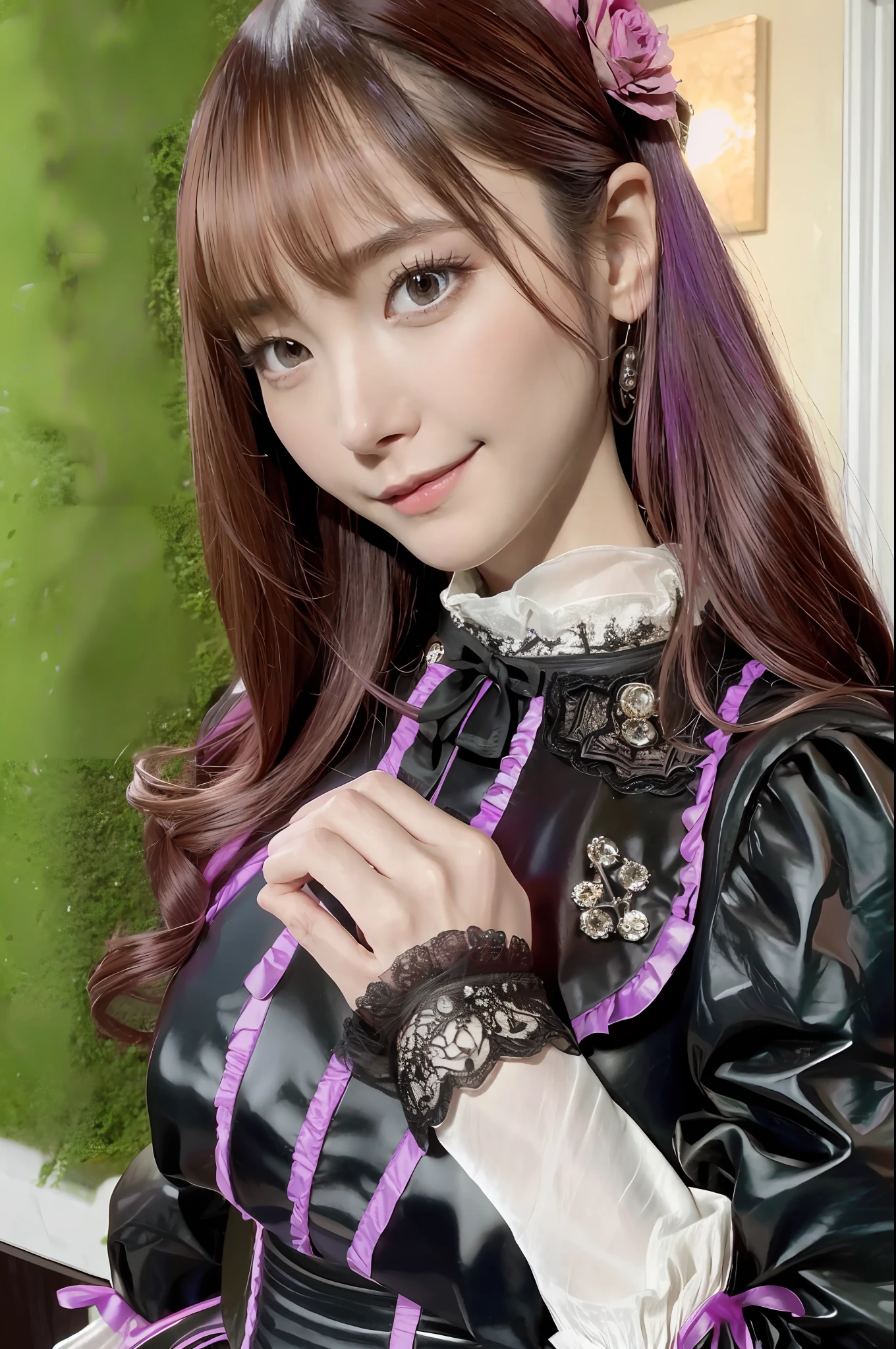 1 girl, beautiful vintage colors, instagram (photorealistic, high res: 1.4), ((swollen eyes)), staring viewer, full body (8k, RAW photo, highest quality, masterpiece: 1.2), (realistic, photorealistic) :1.37), (sharp focus :1.2), Professional Lighting, Photon Mapping, Radiosity, Physically Based Rendering, (White Skin: 1.2), Viewer's Eye, (Middle Hair: 1.5), Portrait, Purple Eyes, (Brown Hair: 1.1), Forelock, (Aristocratic Garden Background: 1.4), Solo, Upper Body, Realistic, (Masterpiece:) 1.4), (Top Quality: 1.4), (Glossy Skin), Fashion Girl, Makeup, Smile (Skinny, Closed Mouth, Shy: 1.3), (Standing, Gothic Lolita Costume, Necromancer: 1.1), Medium Bust, Sexy Pose, Sunrise, Japanese,