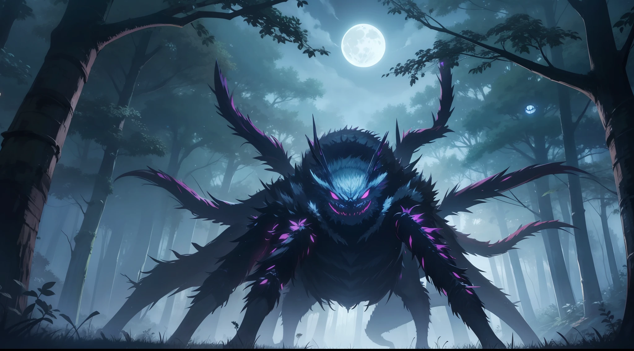Create a large monster spider in the middle of the dark night forest with low lighting only the moon illuminates the sky