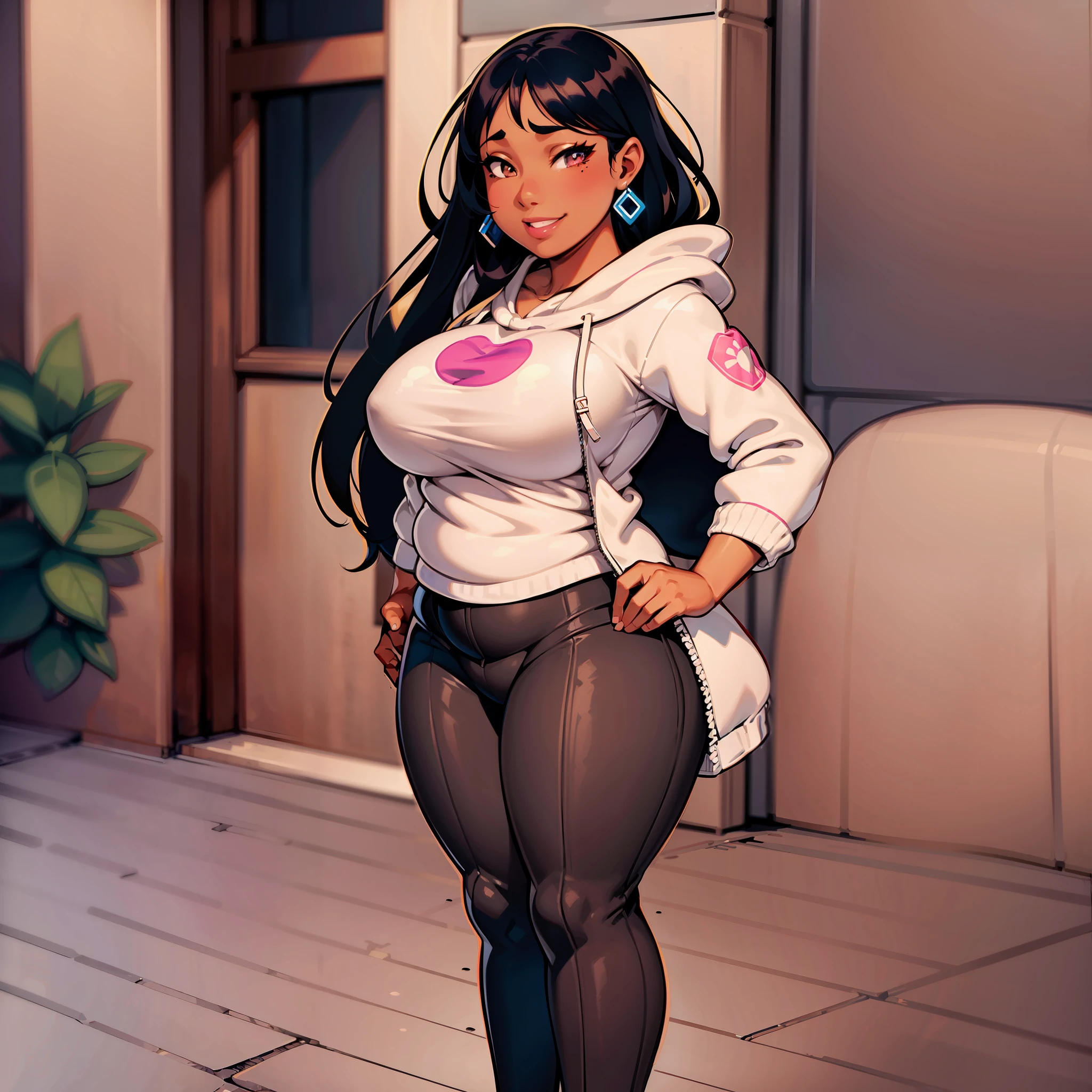 1girl, solo, breasts, dark_skin, dark-skinned_female, straight_hair, black_hair, shiny, shiny_hair, lips, parted_lips, brown_eyes, huge_breasts, huge butt, eyelashes, big_lips, lipstick, very_long_hair, mole, mole on chest, very dark-skinned female, chubby female, chubby girl, highly detailed, clear focus, casual clothes, jacket, pgym, sneakers, fantasy, full body, hood, blue pants, smile, shirt pink, chubby