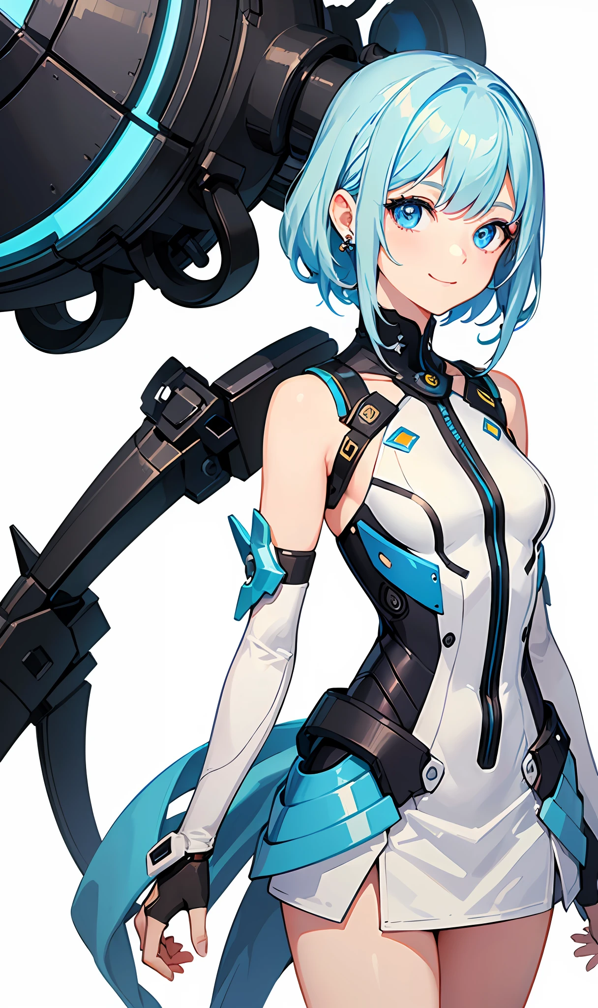 (masterpiece:1.3), (best quality:1.3), high-resolution,
watercolor pencil,
Head-on angle, upper body,
regular body, (upright:1.3), (arms at sides:1.3),
(cute1girl:1.3), solo,
white skin, small Breast, eight-headed person,
light blue hair, (blue gradiient hair:1.1), very short hair, blunt bangs, beautiful hair, blue eyes, beautiful detailed eyes,
seductive smile, heart, cheerful smile,
detached sleeves, Futuristic clothing, mechanical suit, pencil skirt, earrings,
(white background:1.2), simple background,
concept art, shadowlighting,