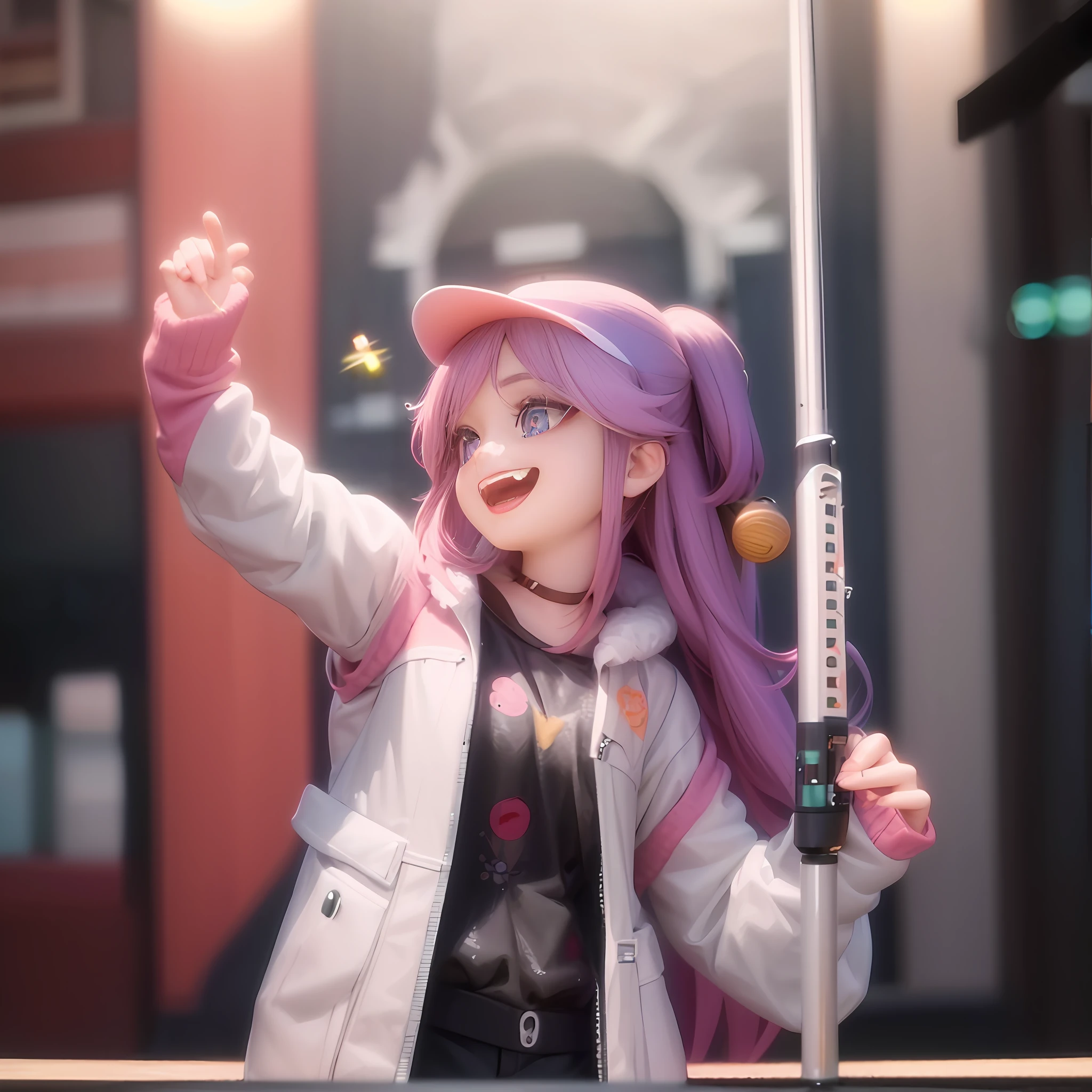 Anime girl with black hair holding fishing rod and baseball cap, anime style 3D, realistic anime 3D style, Guvez style artwork, cute 3D anime girl rendering, anime style. 8K, 8K Art Bacteria Bokeh, Stylized Anime, Anime Style 4 K, 3d Anime Girl, Kawaii HQ Rendering