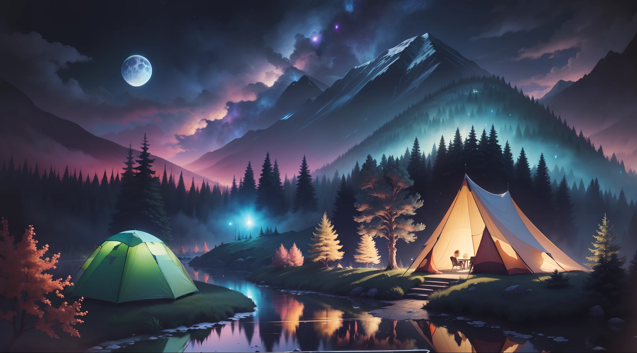 masterpiece, highres, best quality, UHD, super detail, award winning, retina, 16k, (detailed background), Camping in a fairytale forest, traditional art, vibrant colors, detailed environment, with a mysterious moonlit, with a dreamy surreal atmosphere, hand drawn, with a vibrant night sky, with glowing fireflies, painted with watercolor, trending in artstation, by Michelangelo and Jessica Madorran, tent, particles around, best reflections,
