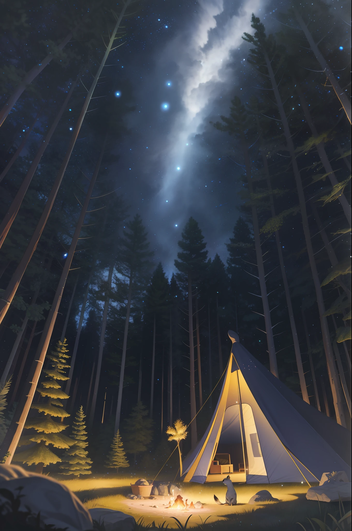 masterpiece, highres, best quality, UHD, super detail, award winning, retina, 16k, (detailed background), Camping in a fairytale forest, traditional art, vibrant colors, detailed environment, with a mysterious moonlit, with a dreamy surreal atmosphere, hand drawn, with a vibrant night sky, with glowing fireflies, painted with watercolor, trending in artstation, by Michelangelo and Jessica Madorran, tent, particles around, best reflections,