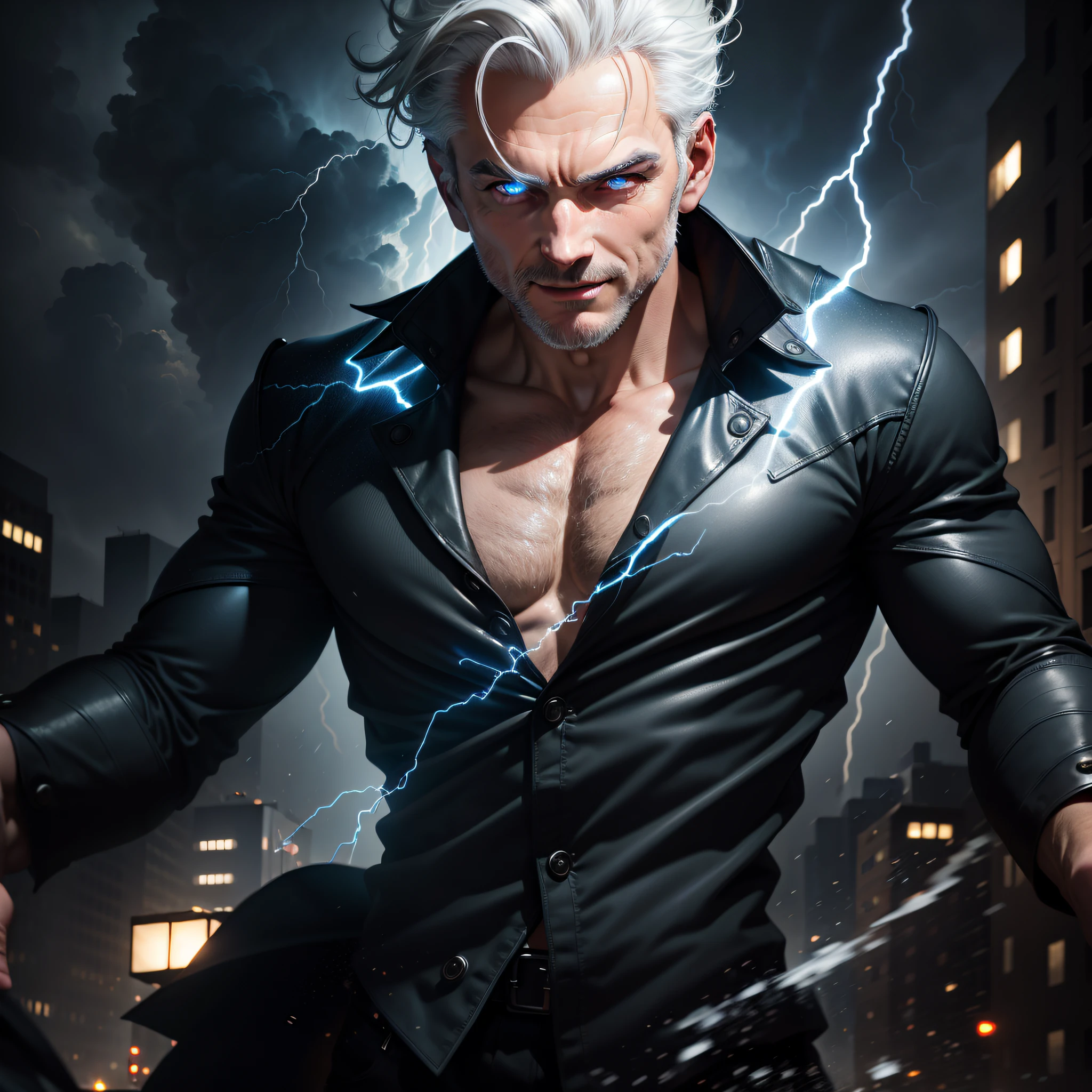 masterpiece, (photorealistic: 1.4), best quality, a man flying in the skies of a city during a storm with lightning and rain and strong winds, dress in black and blue clothing, defined body, white hair, crazy eyes, evil smile, intricate details, natural light, RAW photo, Art Deco, glowing light, optical illusion, rococo style, UHD, 16k