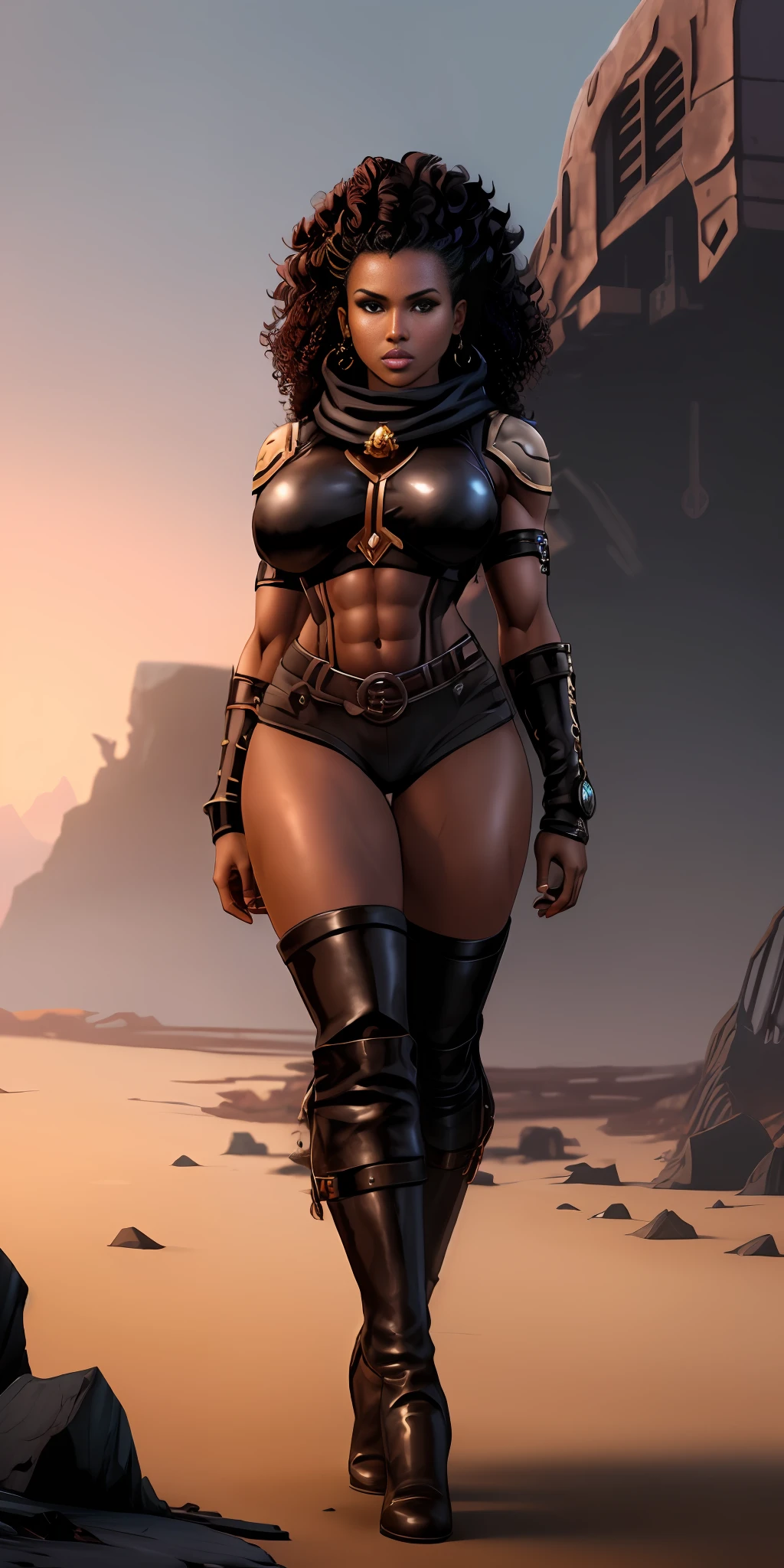 ((An attractive black-skinned woman with curly hair, model body)), (rpg witch, showing belly, crotch, large breasts), leather boots, rpg style, full body, standing in natural pose, transparent clothes, scenery of an abandoned and dark spaceship, GameStation style:1, ultra detailed, artstation, 4k resolution