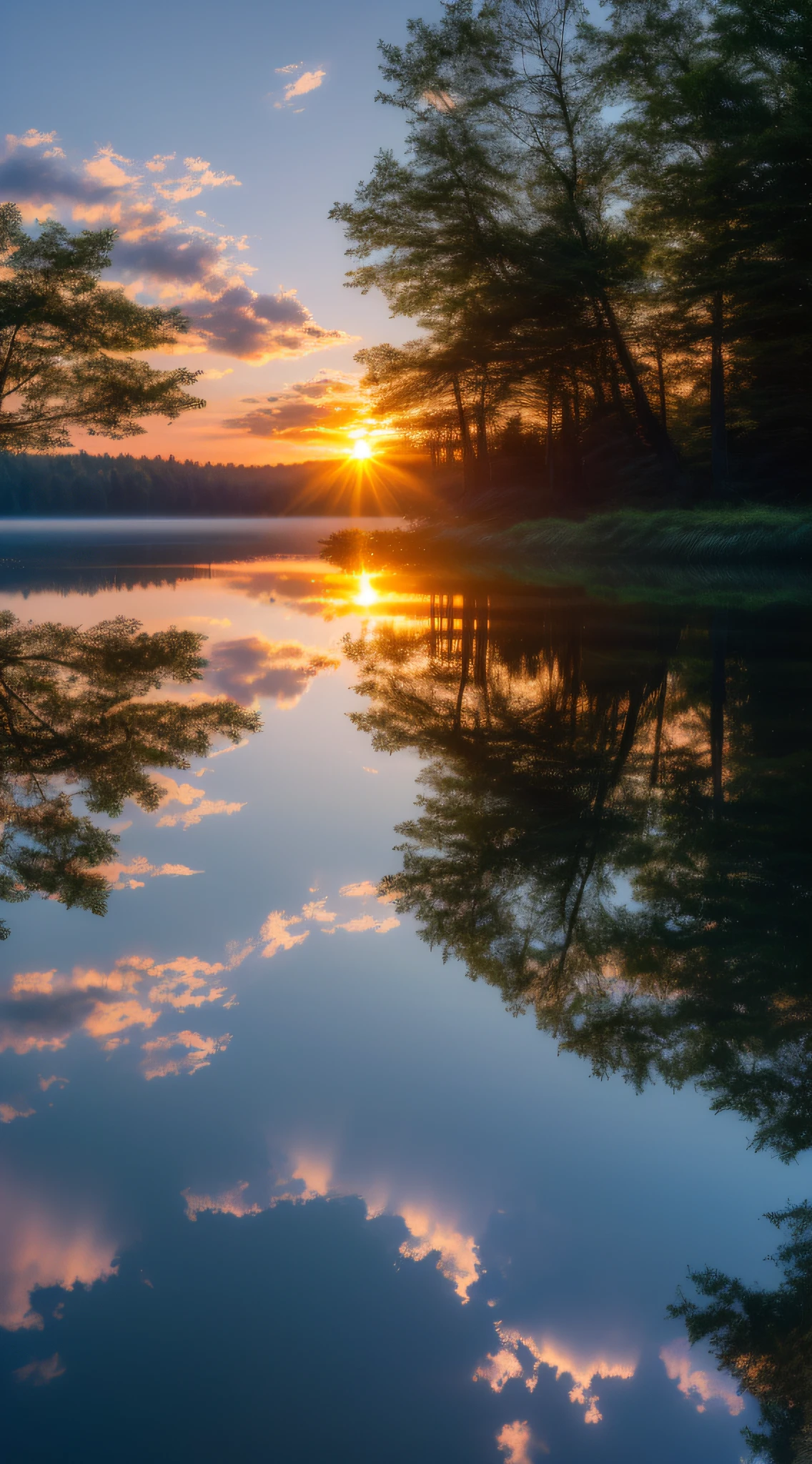 Wallpaper, summer, lake, dawn, forest, clouds, dawn background, depth of field, HD detail, hyperdetail, cinematic, soft light, deep field focus bokeh, ray tracing, diffuse (ultra-fine glass reflection) and realism. --v6