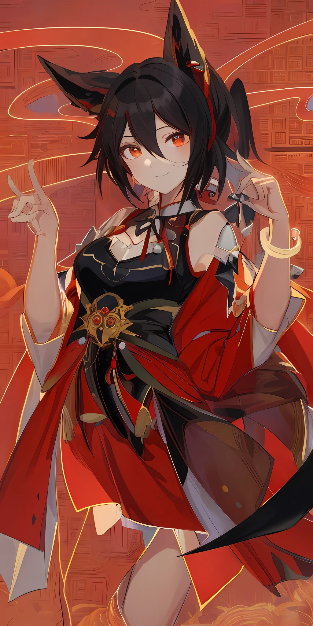 absurd res, high res, (masterpiece:1.4), ultra-detailed, 1girl, from above, space, floating, Chinese dress, red dress, stockings, black hair, golden eyes