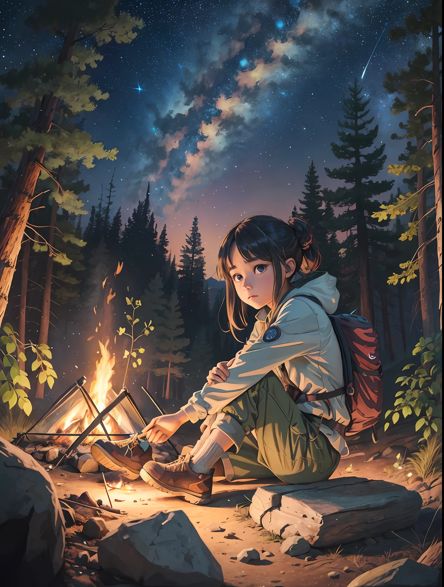 masterpiece, best quality, ultra-detailed, illustration, 1girl, solo, outdoors, camping, night, a girl sitting on a rock next to a campfire, an anime drawing, by Yang J, nixeu and sakimichan, hiking clothes ,beautiful detailed eyes,night sky, starry sky, campfire, camping,