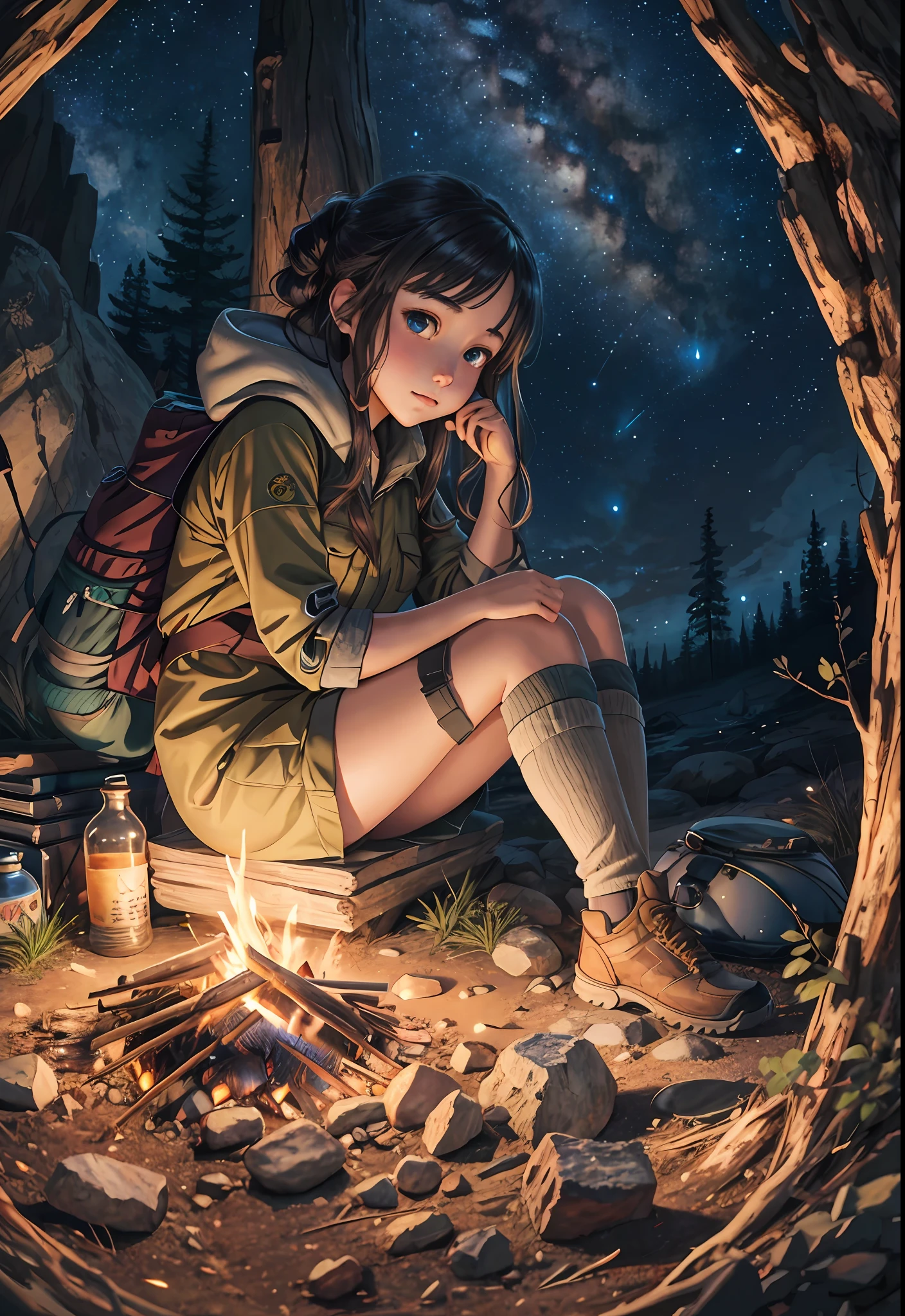 masterpiece, best quality, ultra-detailed, illustration, 1girl, solo, outdoors, camping, night, a girl sitting on a rock next to a campfire, an anime drawing, by Yang J, nixeu and sakimichan, hiking clothes ,beautiful detailed eyes,night sky, starry sky, campfire, camping,