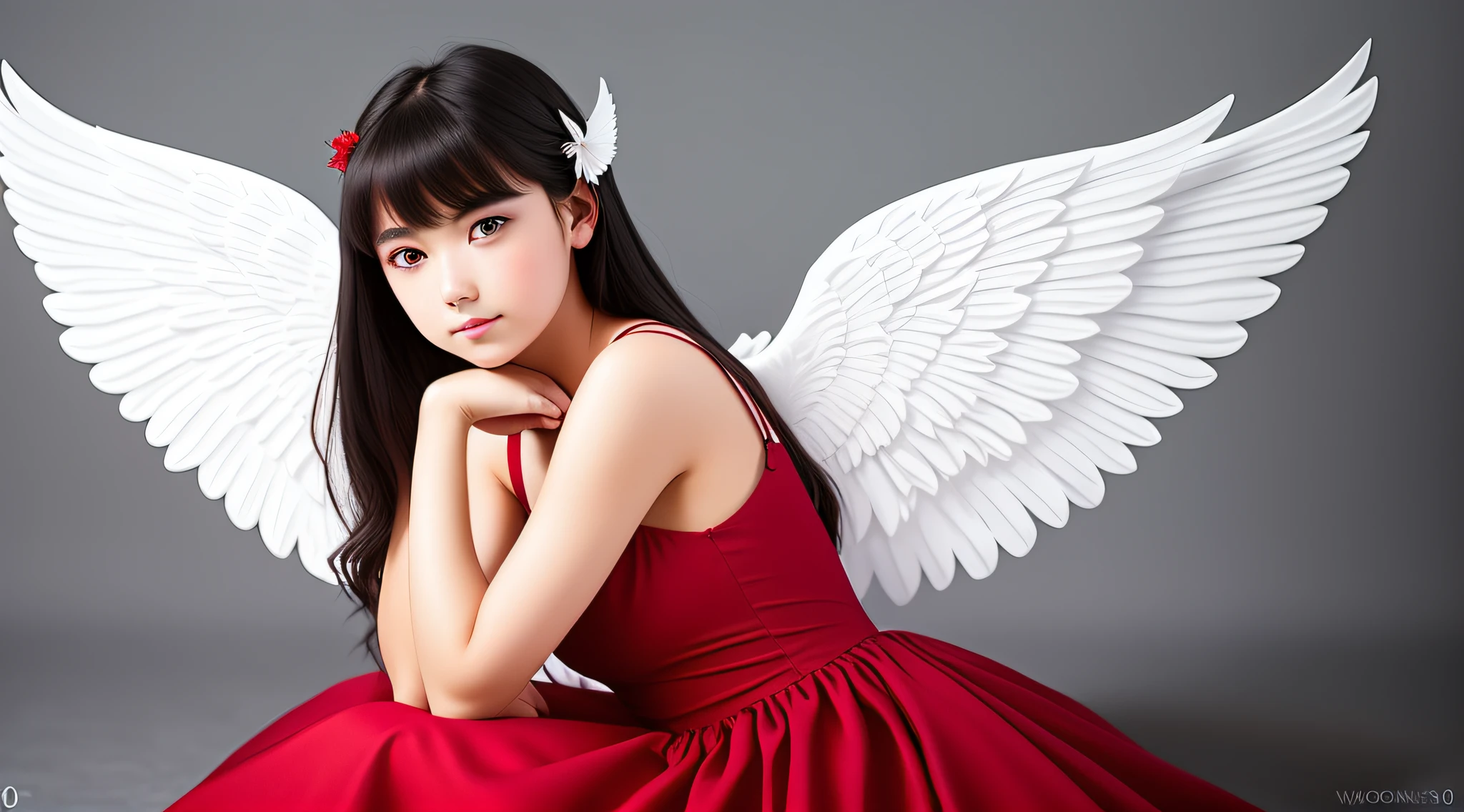 A beautiful Caucasian girl, dark hair-imagine, delicate, masterpiece, beautiful detailed, colorful, finely detailed, (50mm Sigma f/1.4 ZEISS lens, F1.4, 1/800s, ISO 100, fotograpy:1.1), lens flare, (photorealistic:1.1), (angel wings:1.4), (white wings:1.2), (symmetrical wings: 1.5), red background; --v 6